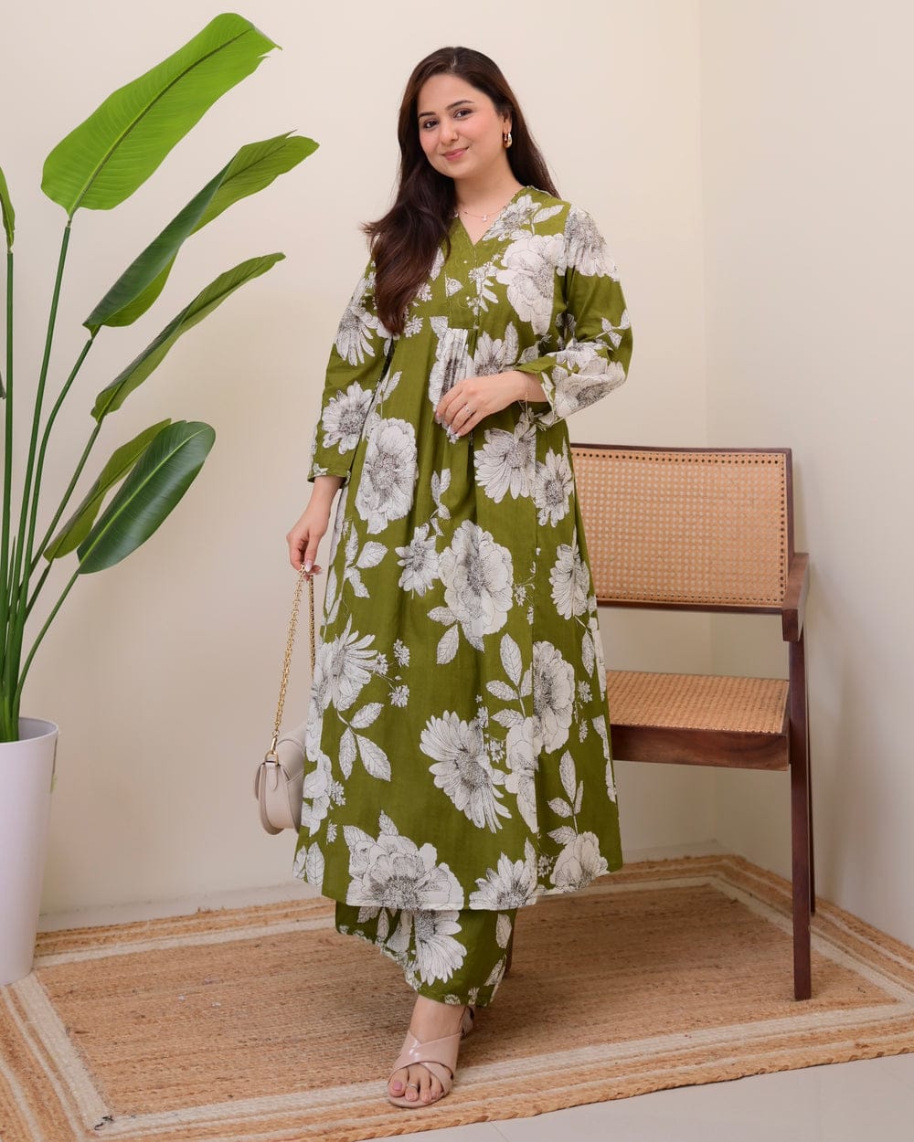Olive Green Oversized Floral Printed Cotton Co-Ord Set