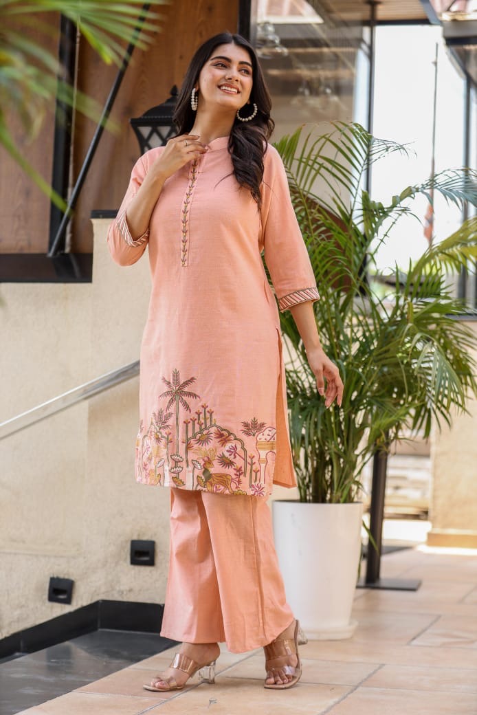 Peach Embroidered Kurta Set with Nature Motif & Wide Pants