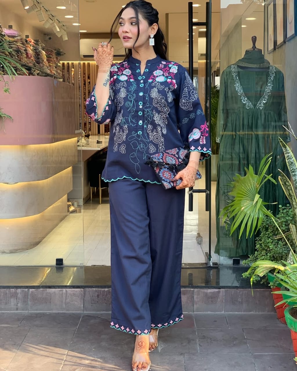 Navy Blue Floral Thread Embroidered Co-Ord Set