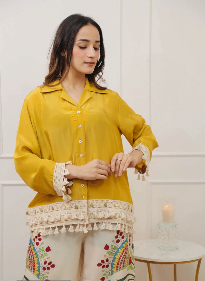 Boho Chic Yellow Shirt & Hand-Painted Wide-Leg Pants Set