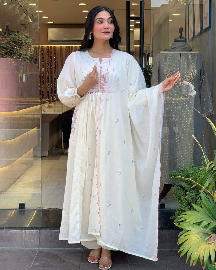 Ivory White Chikankari-Inspired Anarkali Set with Pink Thread Embroidery