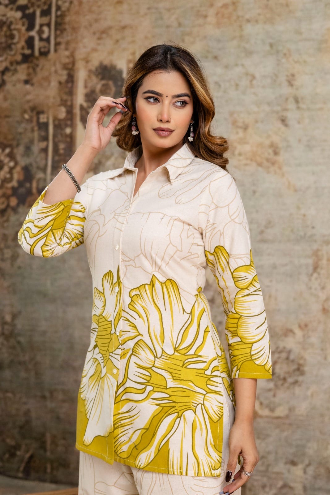 Musturd Yellow Botanical Print Shirt & Pant Co-ord Set