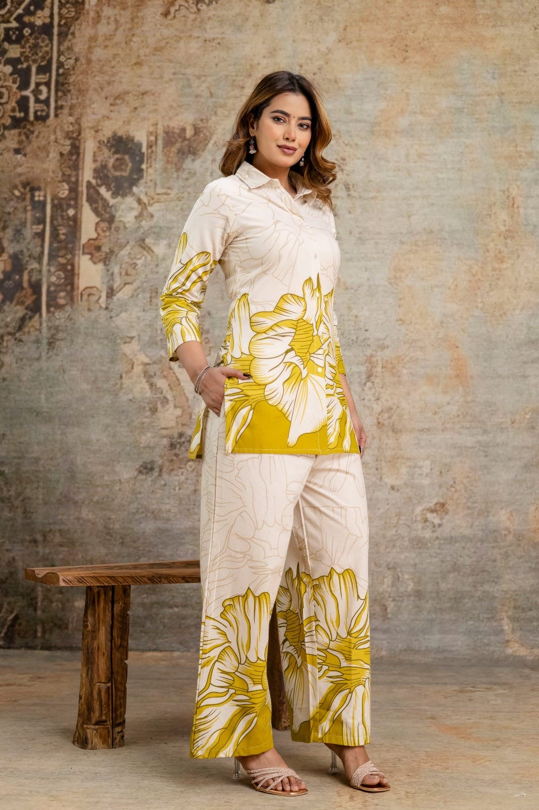 Musturd Yellow Botanical Print Shirt & Pant Co-ord Set