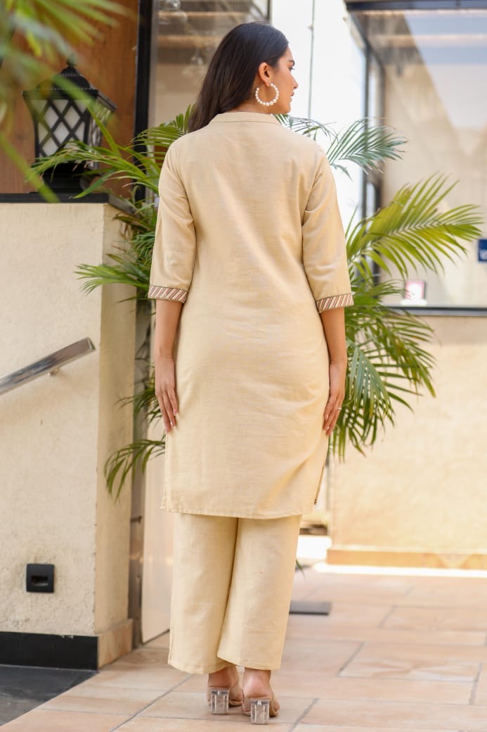 Beige Scenic Embroidered Kurta Set with Wide-Leg Pants