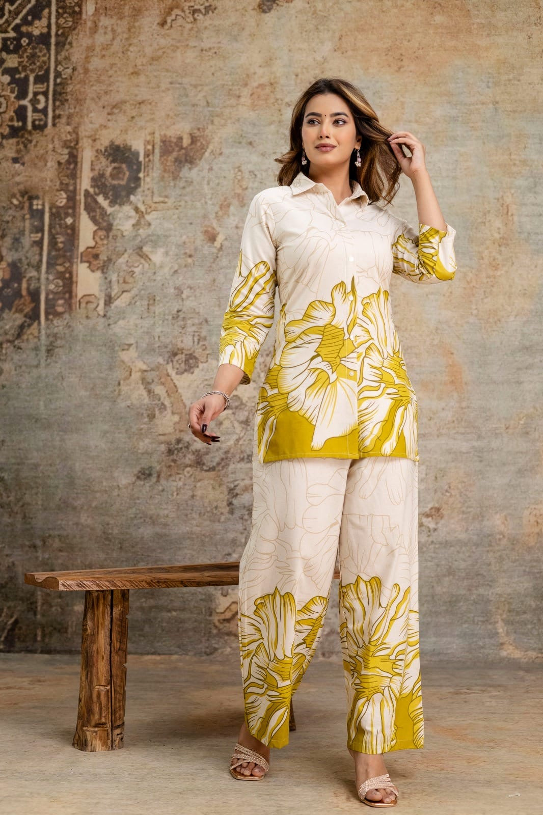 Musturd Yellow Botanical Print Shirt & Pant Co-ord Set