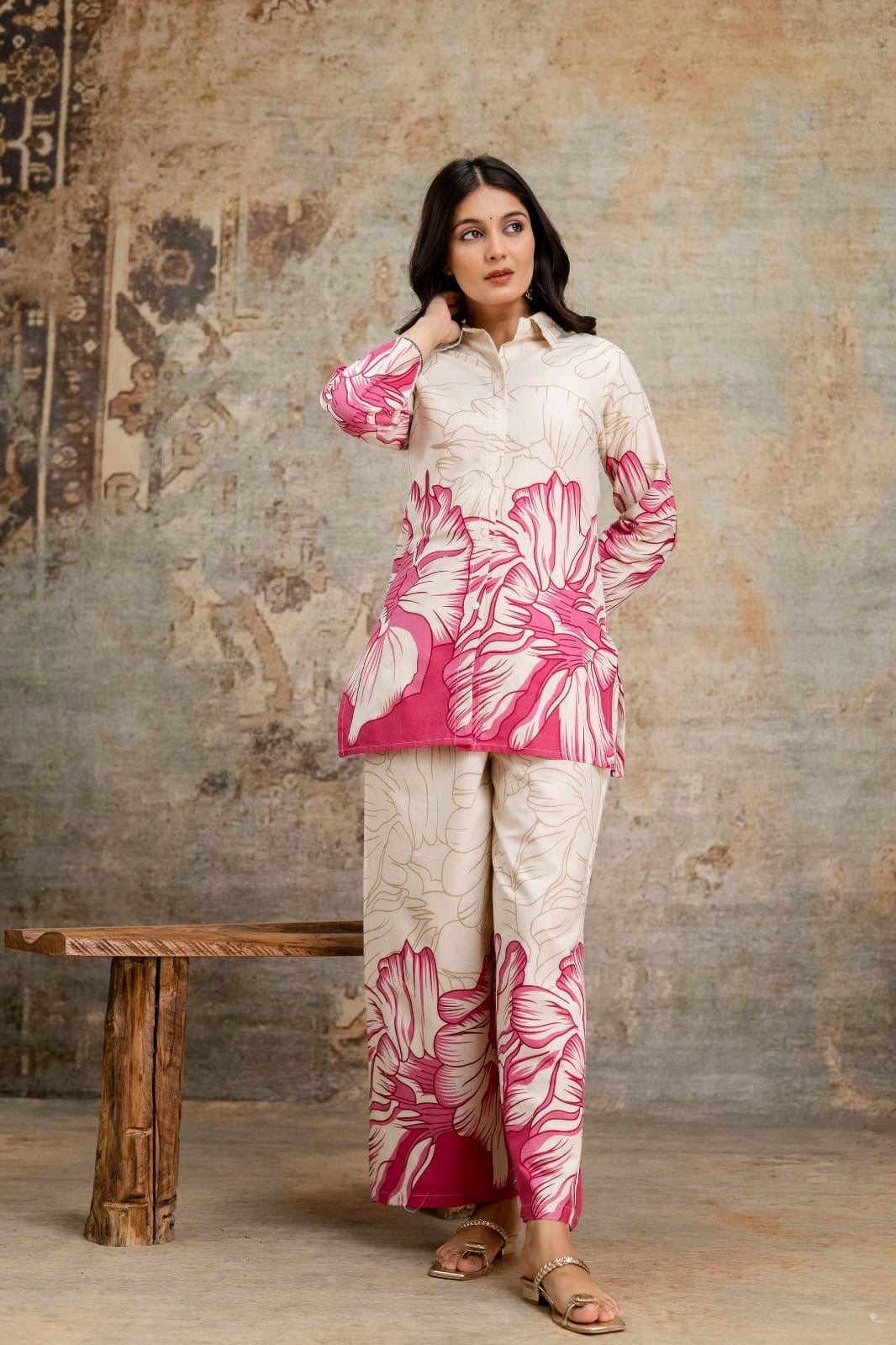 Pink Botanical Print Shirt & Pant Co-ord Set