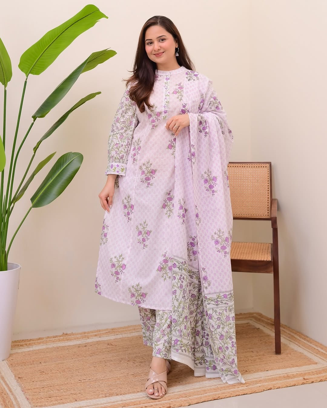 Lavender Floral Printed White Cotton Suit Set with Dupatta