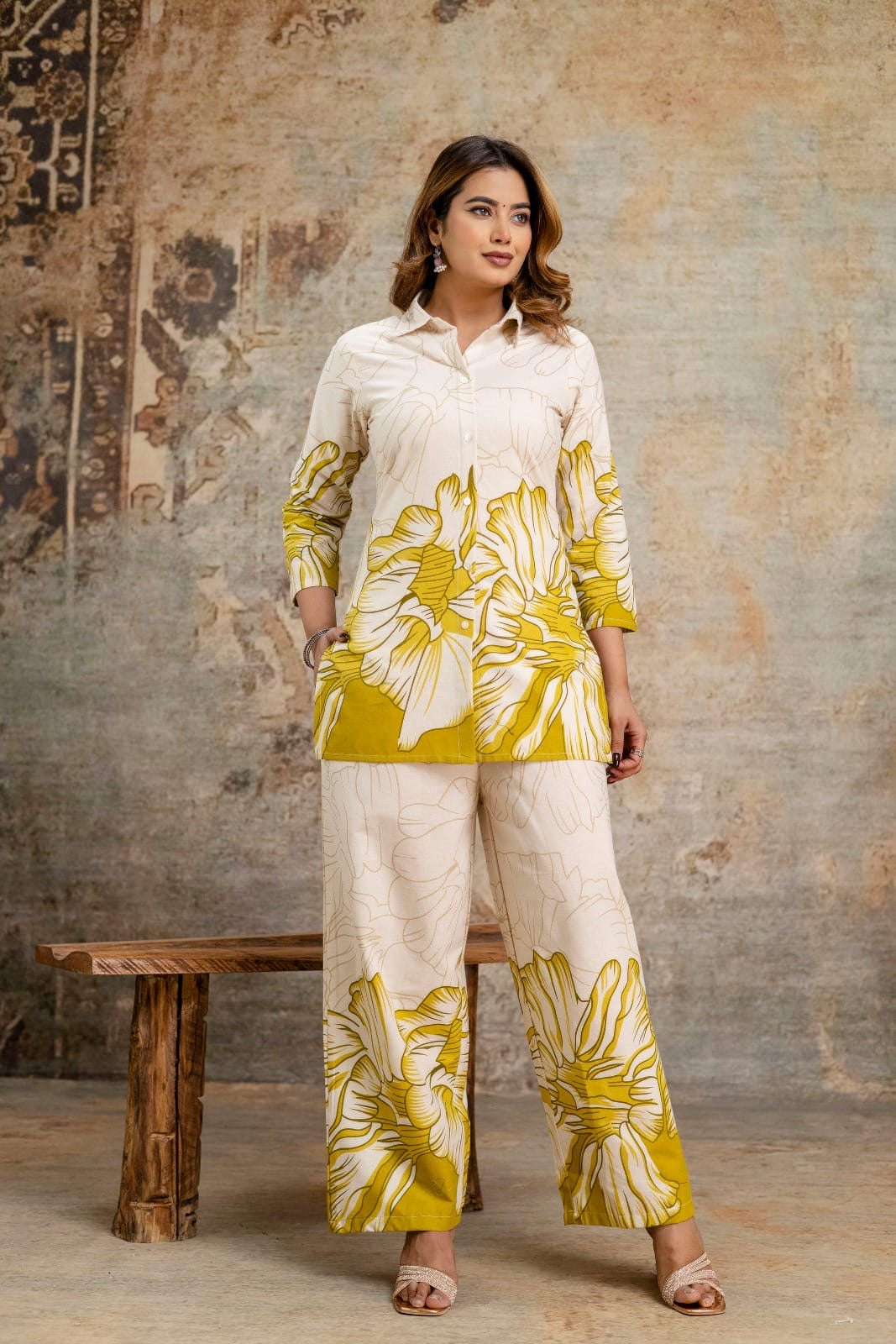 Musturd Yellow Botanical Print Shirt & Pant Co-ord Set