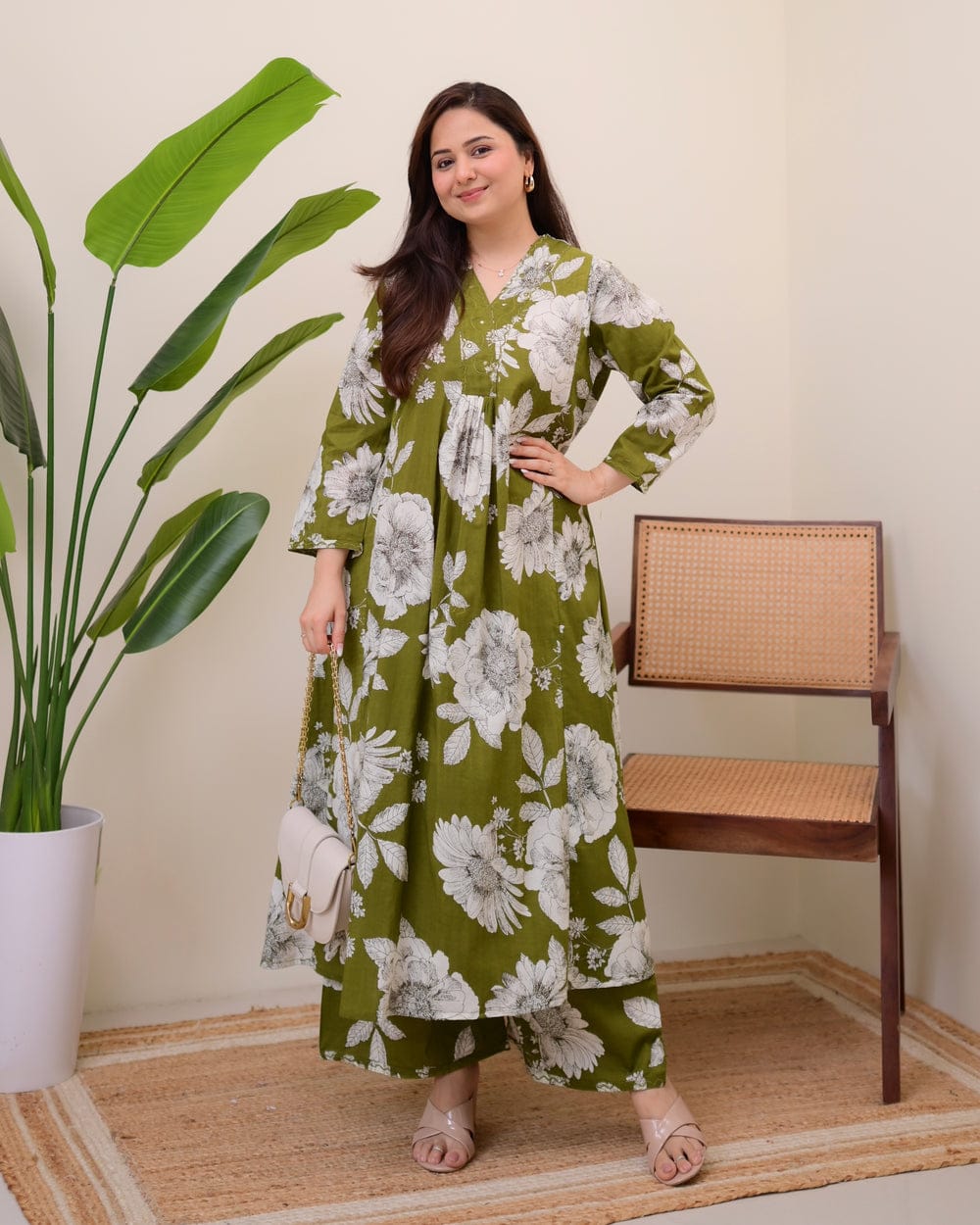 Olive Green Oversized Floral Printed Cotton Co-Ord Set