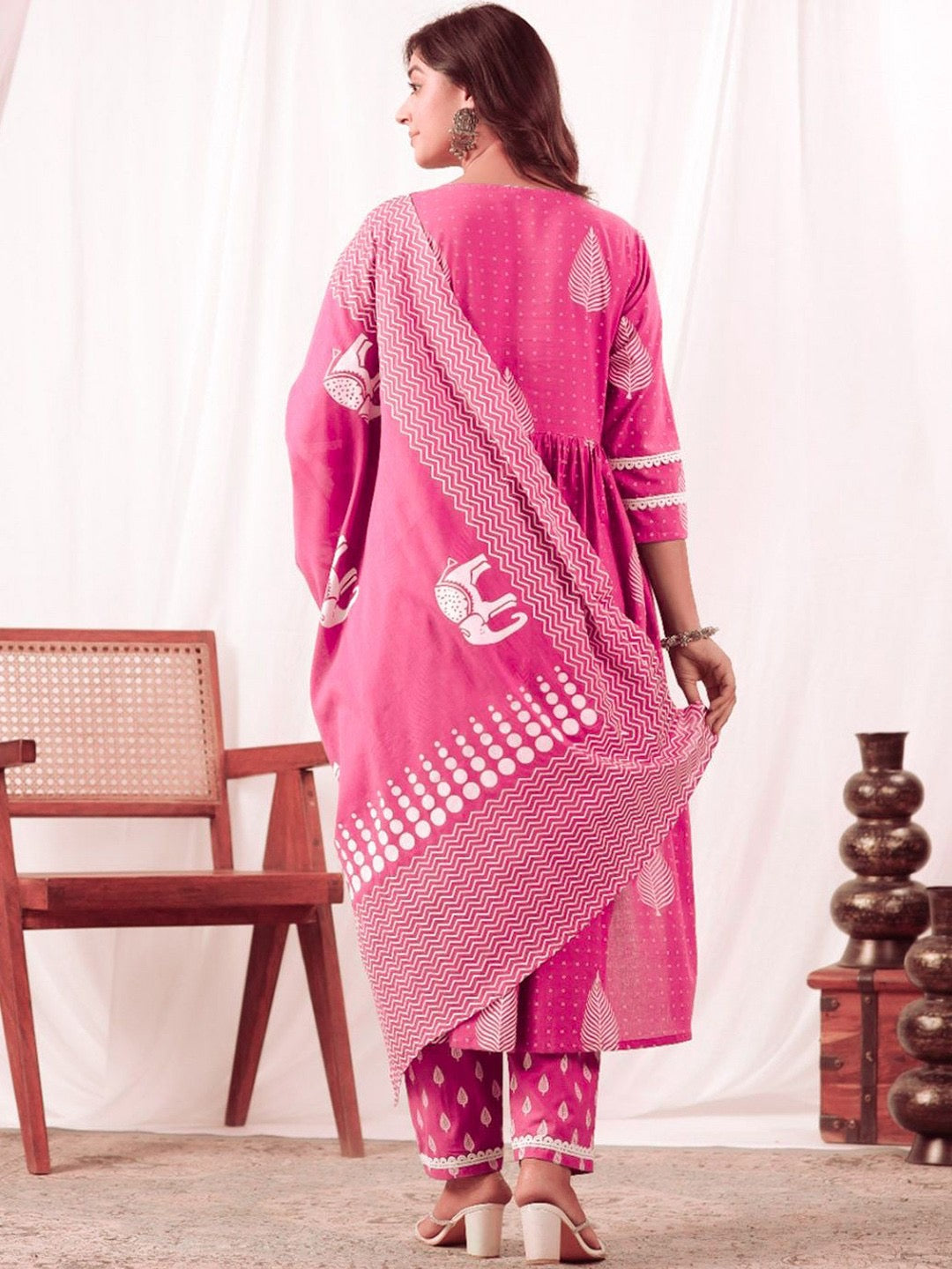 Bright Pink Handblock Print Cotton Suit Set with Embroidered Yoke