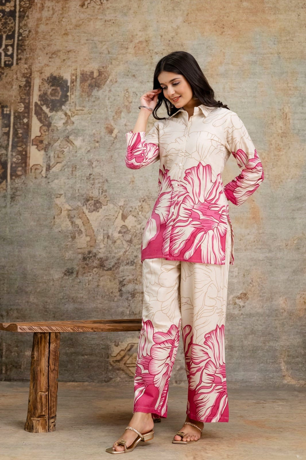 Pink Botanical Print Shirt & Pant Co-ord Set
