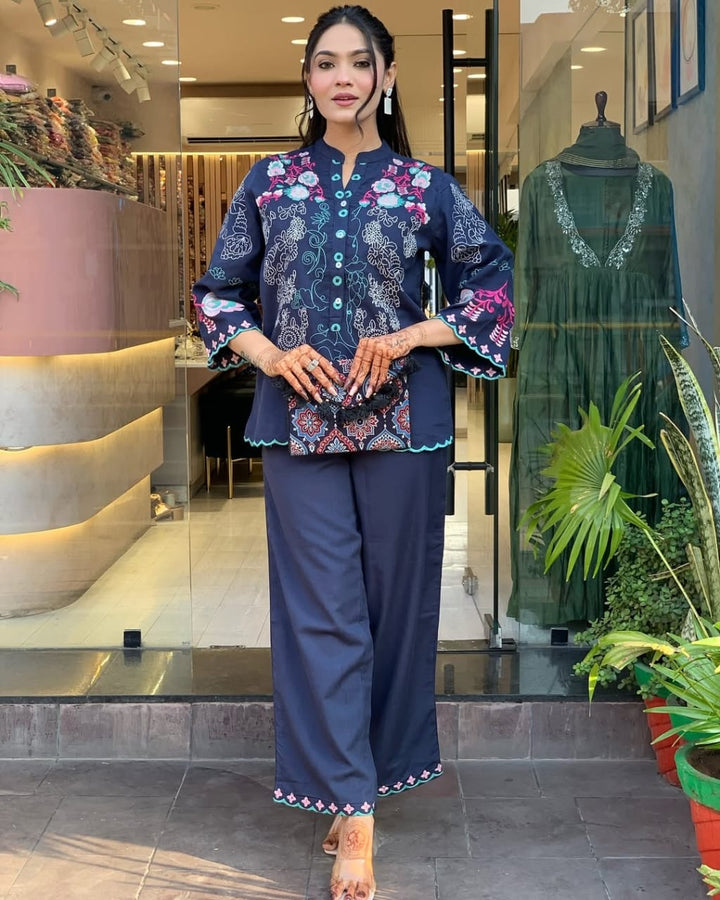 Navy Blue Floral Thread Embroidered Co-Ord Set