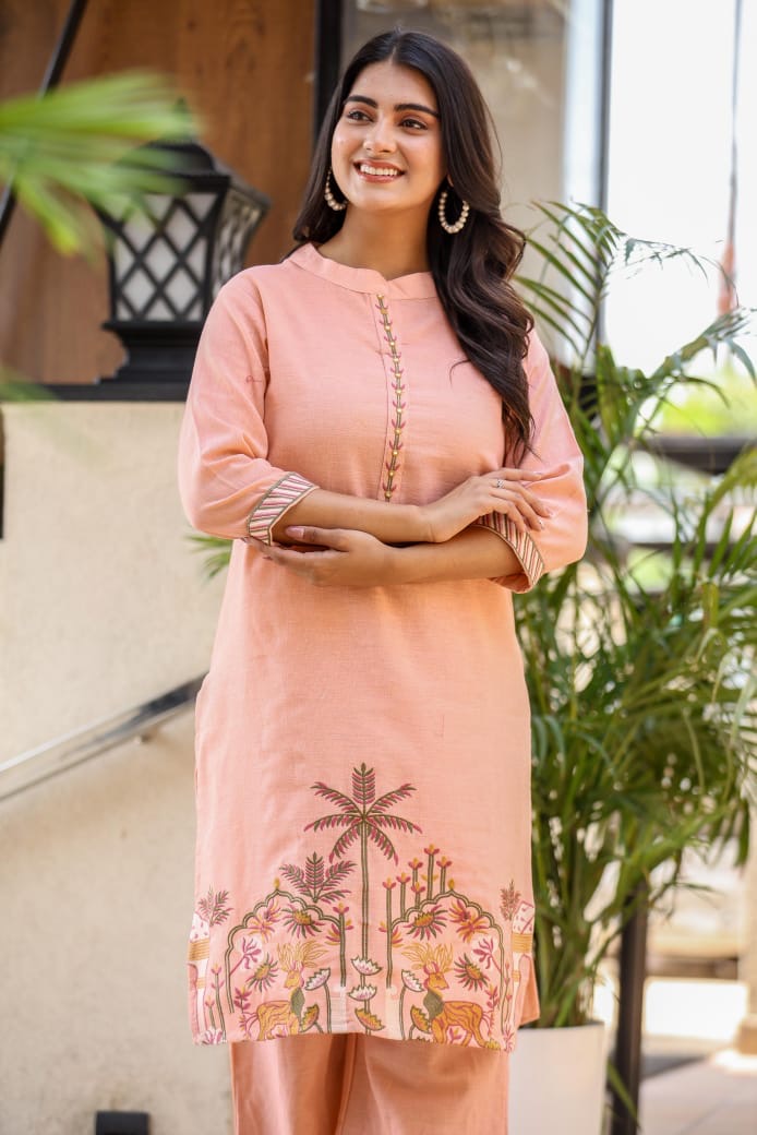 Peach Embroidered Kurta Set with Nature Motif & Wide Pants