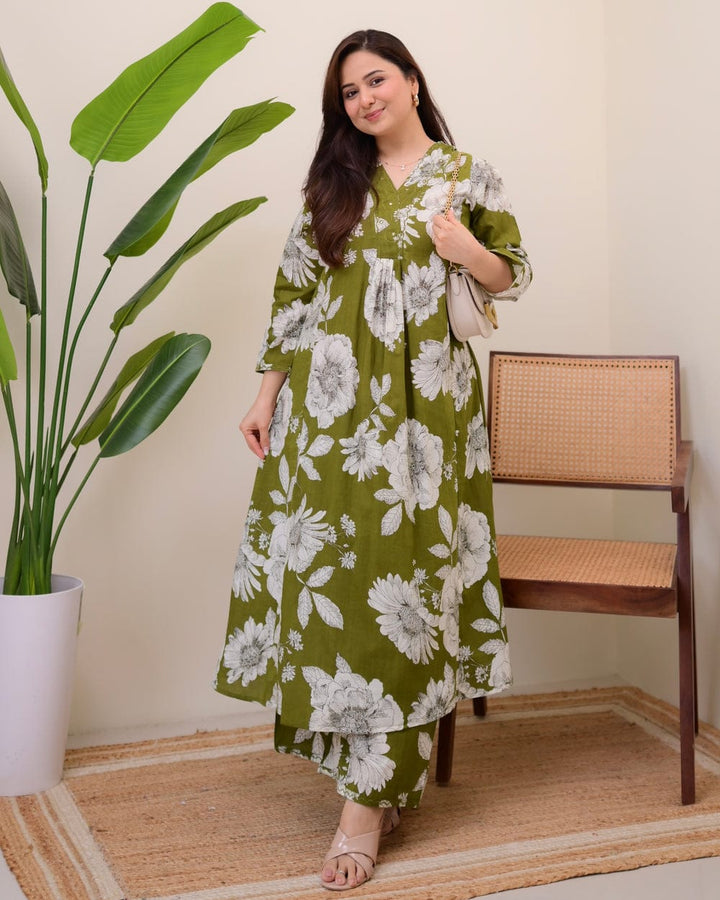 Olive Green Oversized Floral Printed Cotton Co-Ord Set