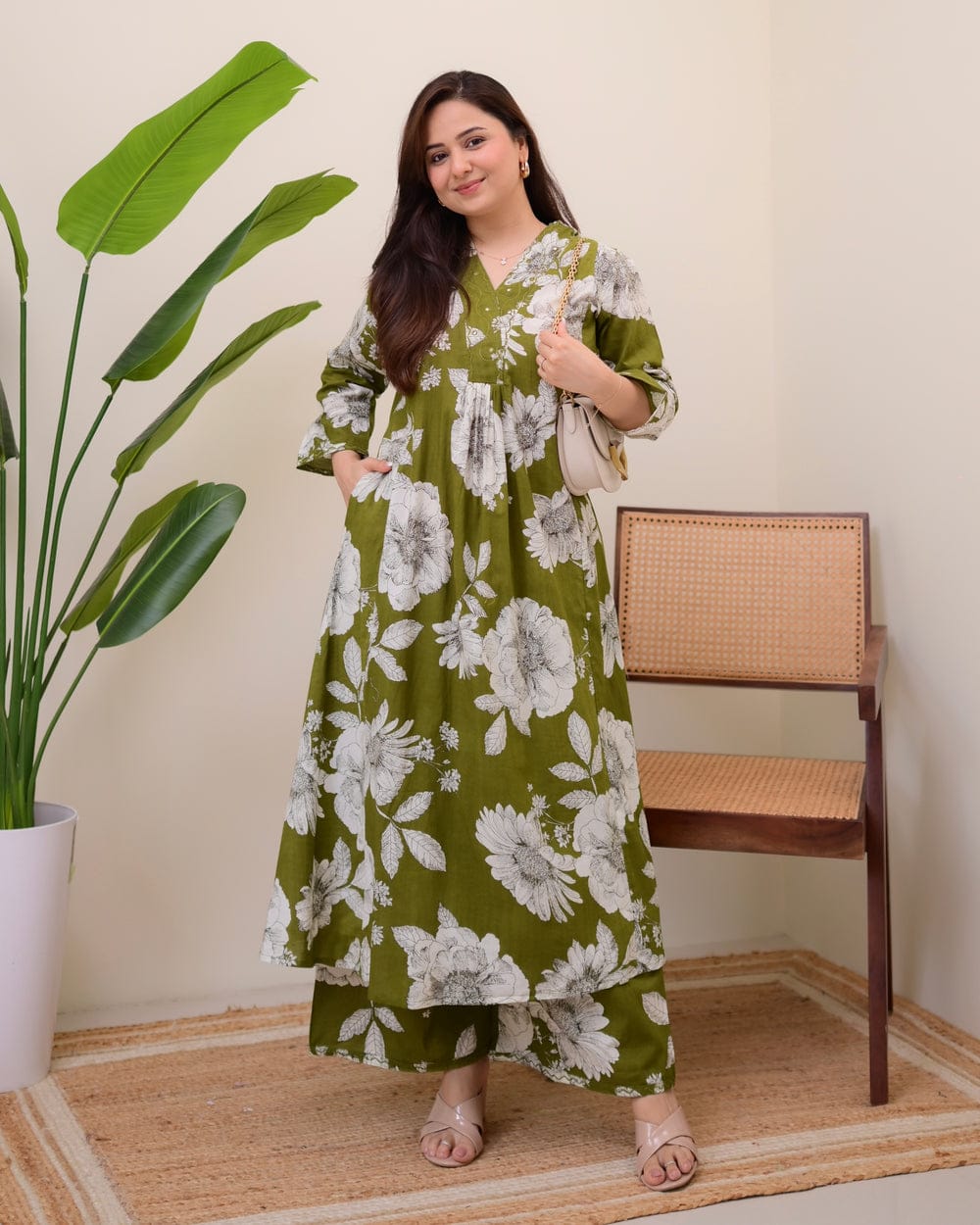 Olive Green Oversized Floral Printed Cotton Co-Ord Set