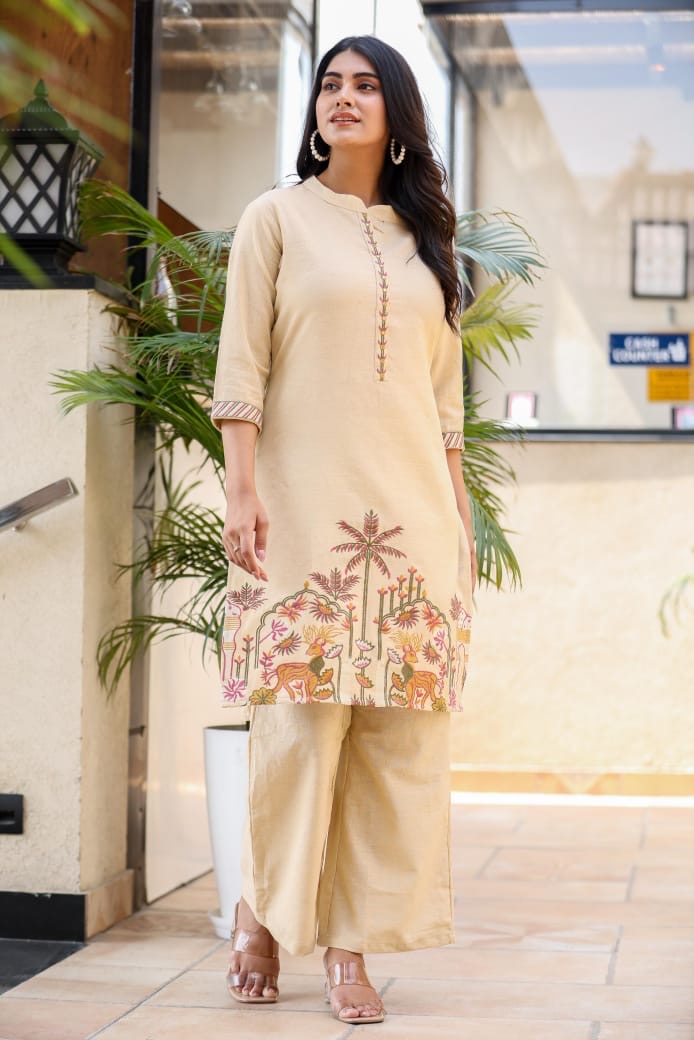 Beige Scenic Embroidered Kurta Set with Wide-Leg Pants