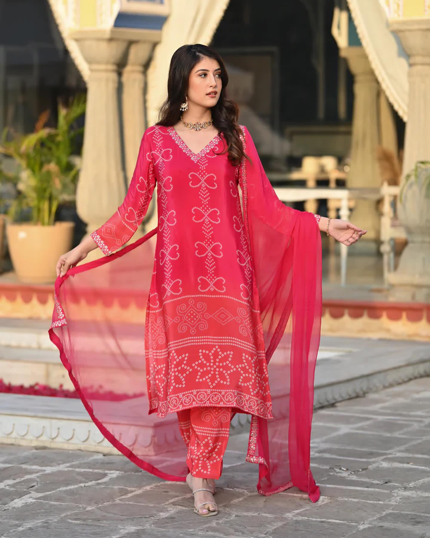 Crimson Bandhani-Print Suit Set – Timeless Ethnic Elegance