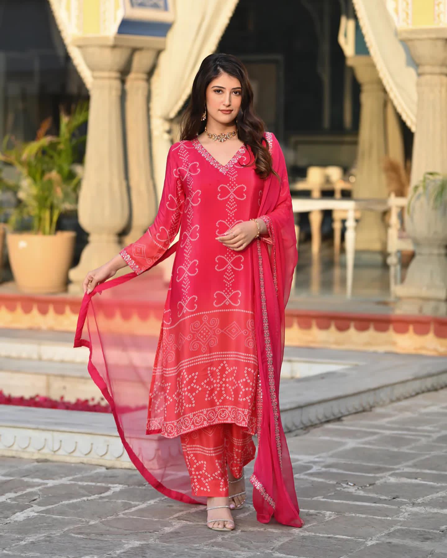 Crimson Bandhani-Print Suit Set – Timeless Ethnic Elegance