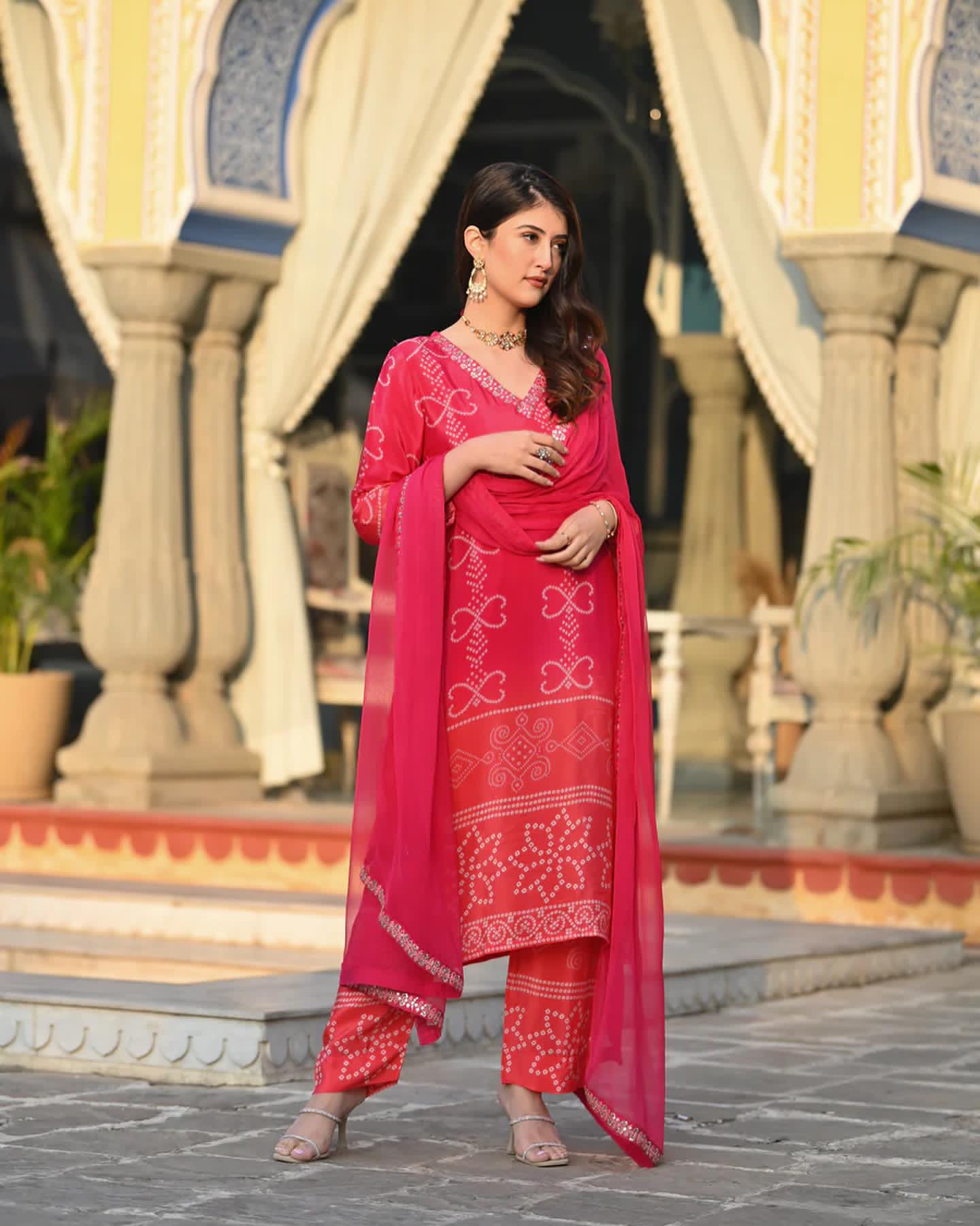 Crimson Bandhani-Print Suit Set – Timeless Ethnic Elegance