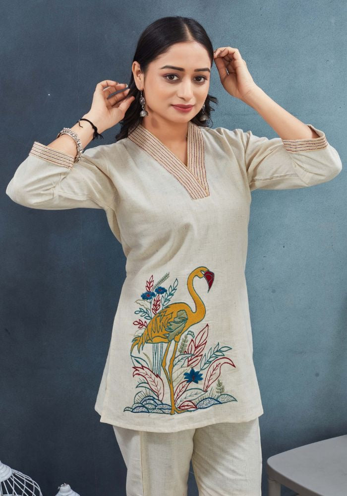 Cream Cotton Co-Ord Set with Embroidered Bird Motif