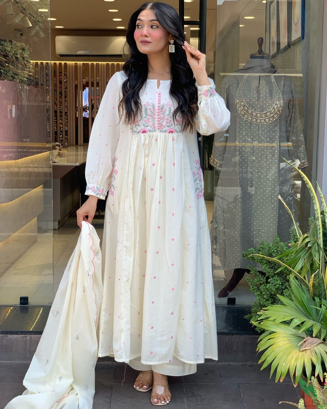 Ivory White Chikankari-Inspired Anarkali Set with Pink Thread Embroidery