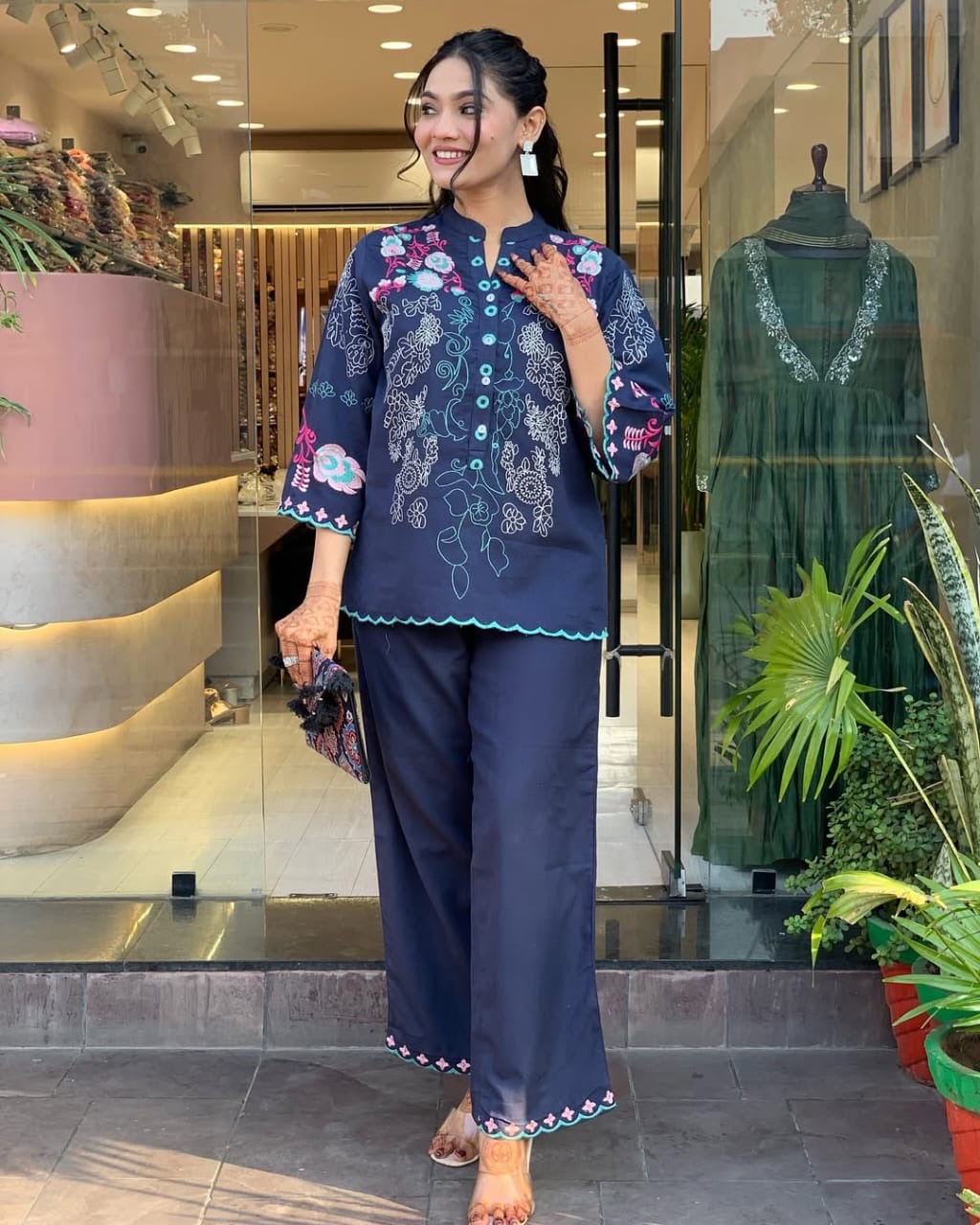 Navy Blue Floral Thread Embroidered Co-Ord Set