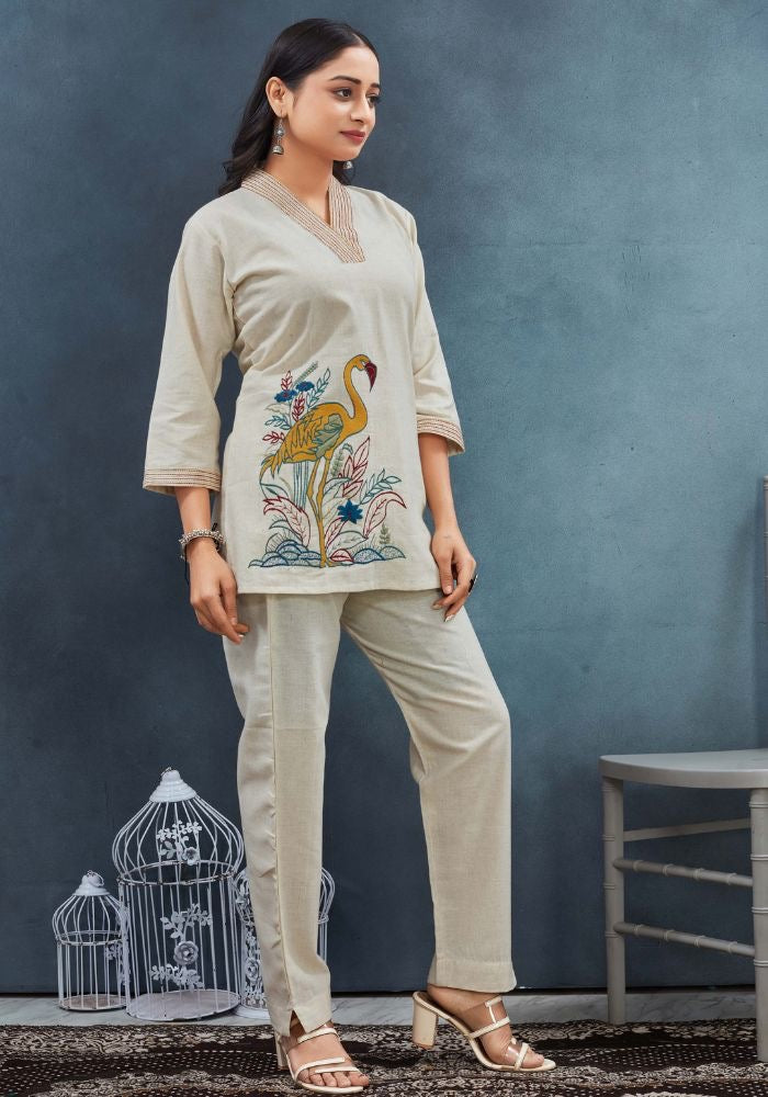 Cream Cotton Co-Ord Set with Embroidered Bird Motif