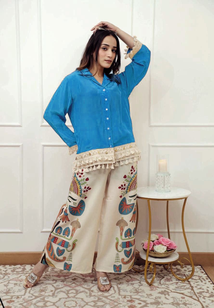 Boho Chic Blue Shirt & Hand-Painted Wide-Leg Pants Set