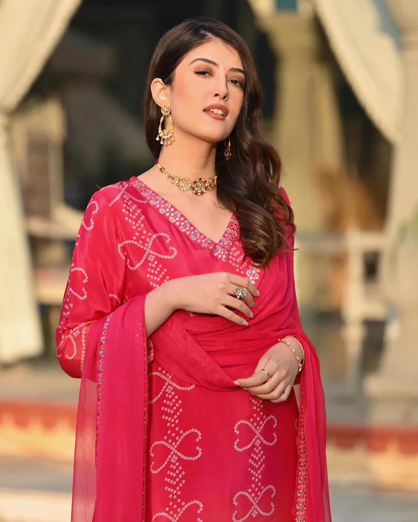 Crimson Bandhani-Print Suit Set – Timeless Ethnic Elegance