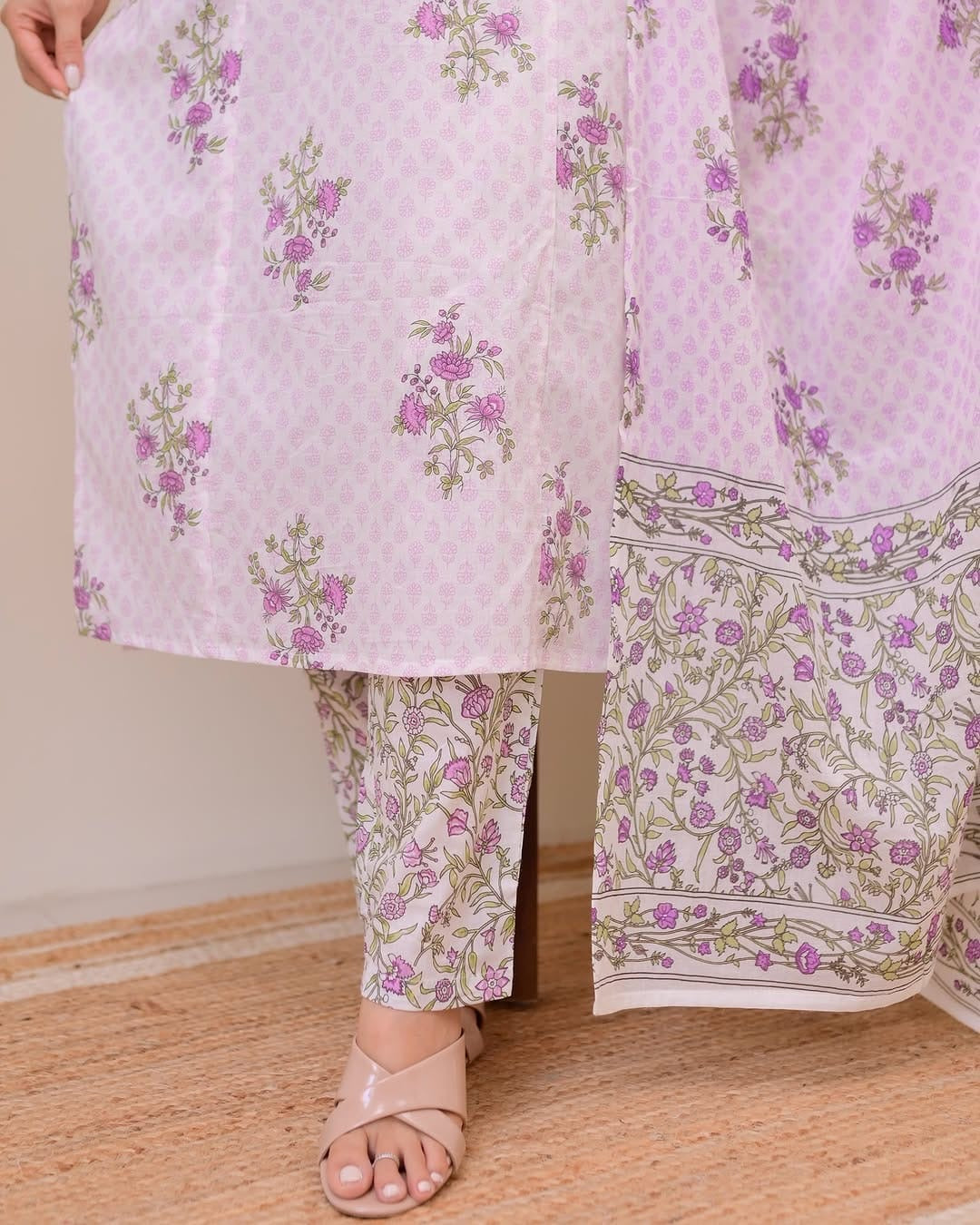 Lavender Floral Printed White Cotton Suit Set with Dupatta