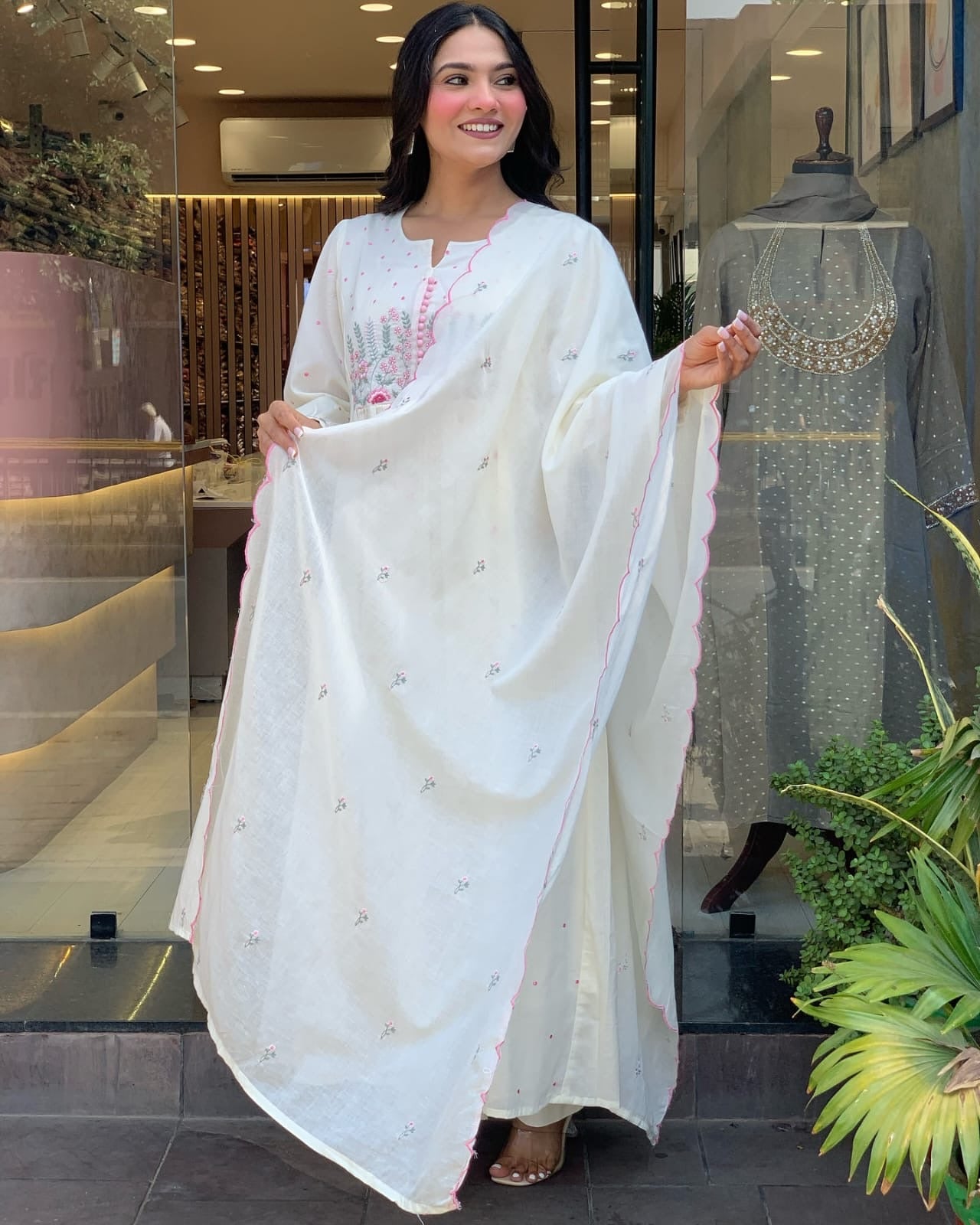 Ivory White Chikankari-Inspired Anarkali Set with Pink Thread Embroidery