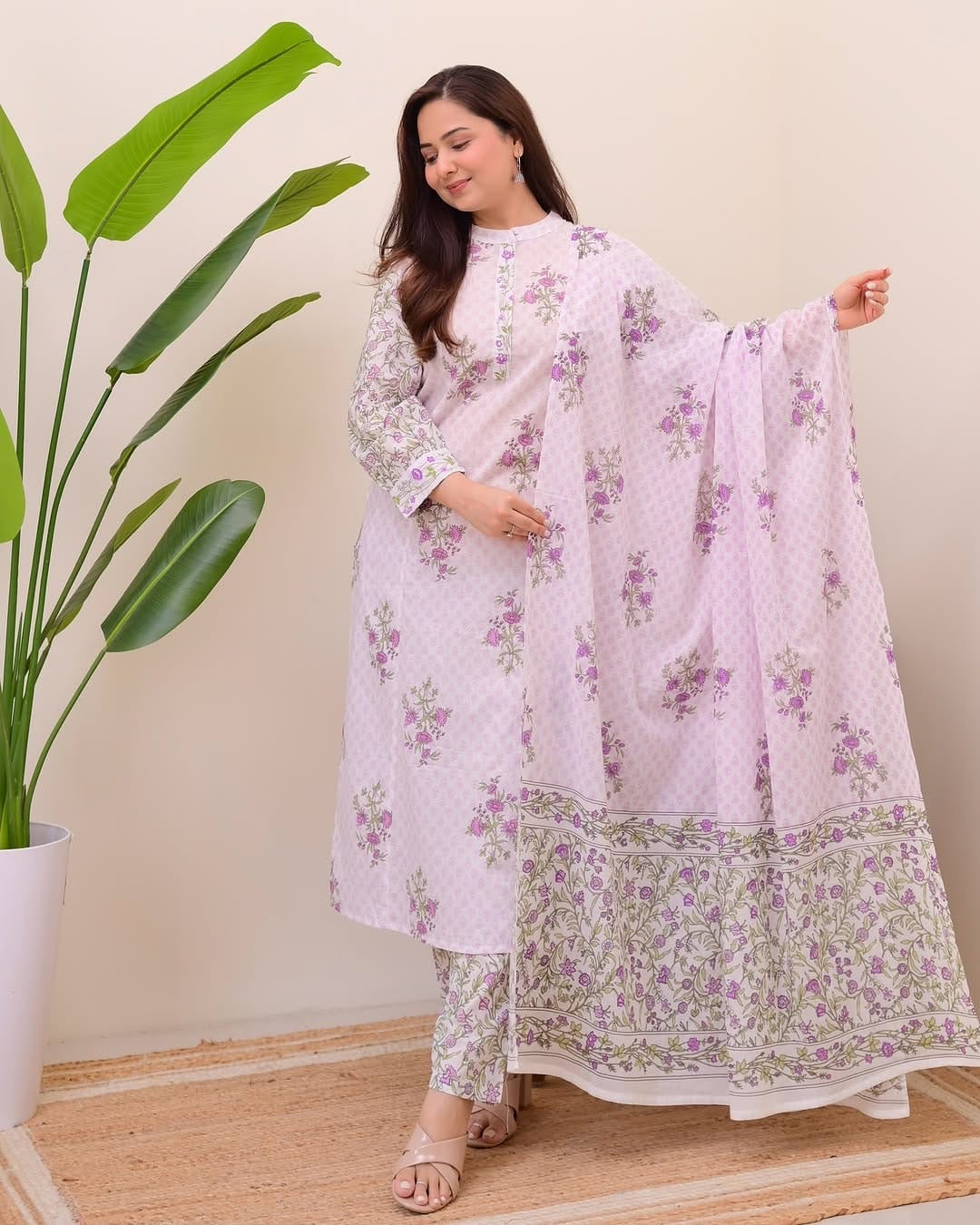 Lavender Floral Printed White Cotton Suit Set with Dupatta