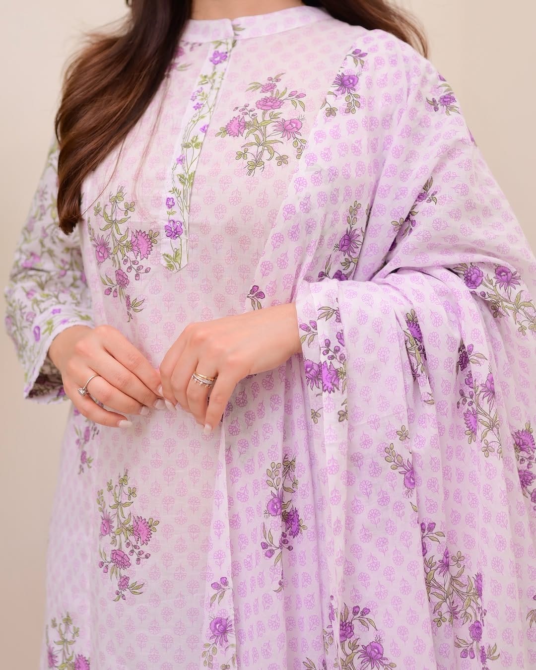 Lavender Floral Printed White Cotton Suit Set with Dupatta