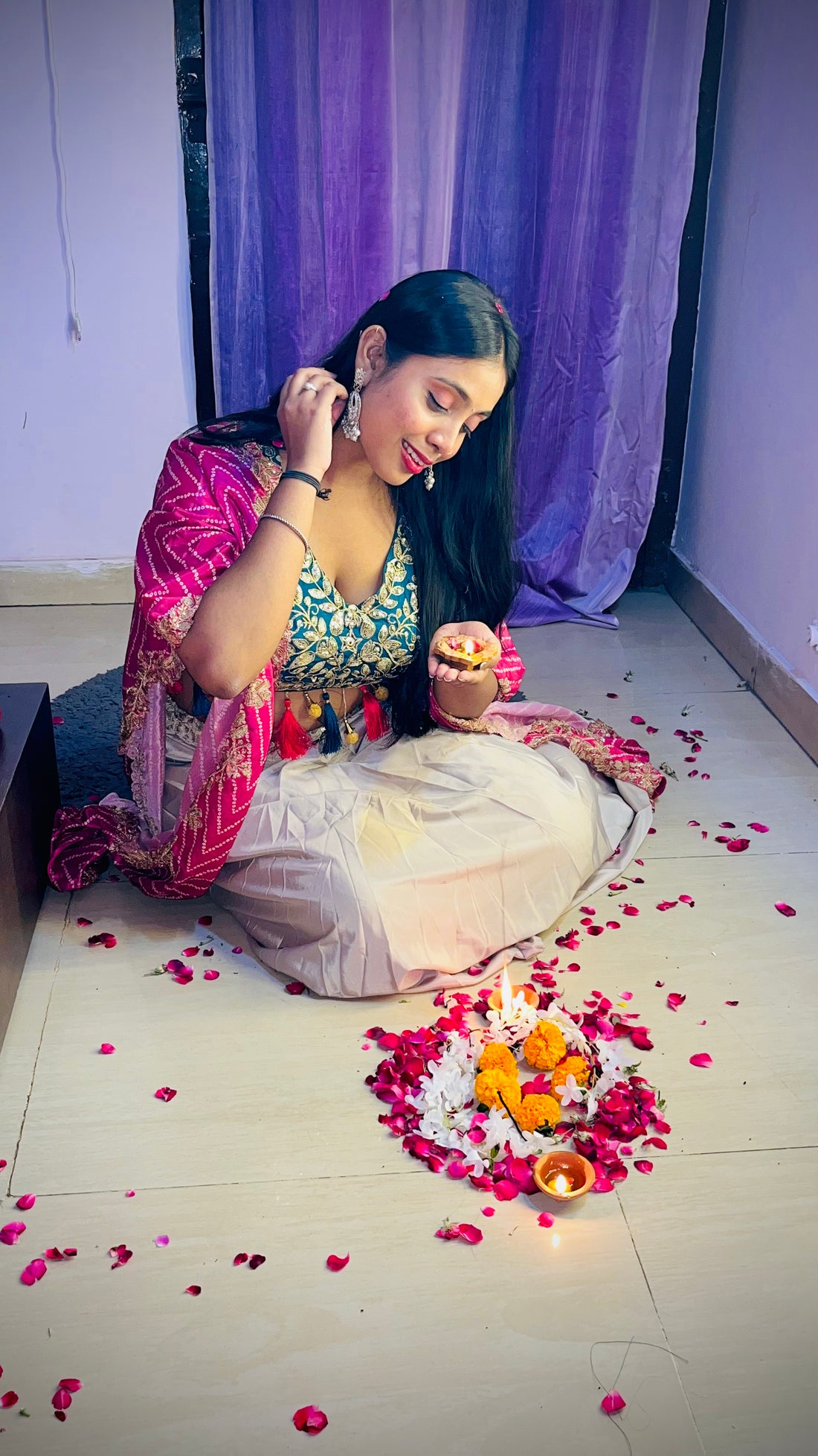 Teal Mirror Work Crop Top with Draped Skirt & Pink Shrug