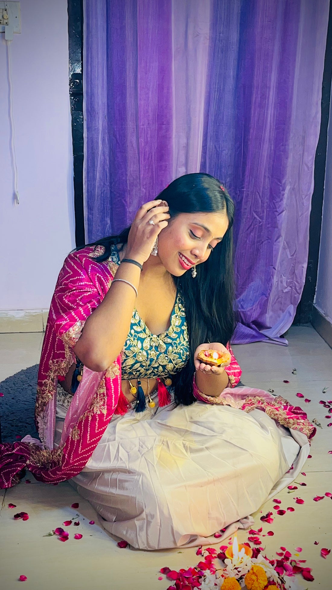 Teal Mirror Work Crop Top with Draped Skirt & Pink Shrug