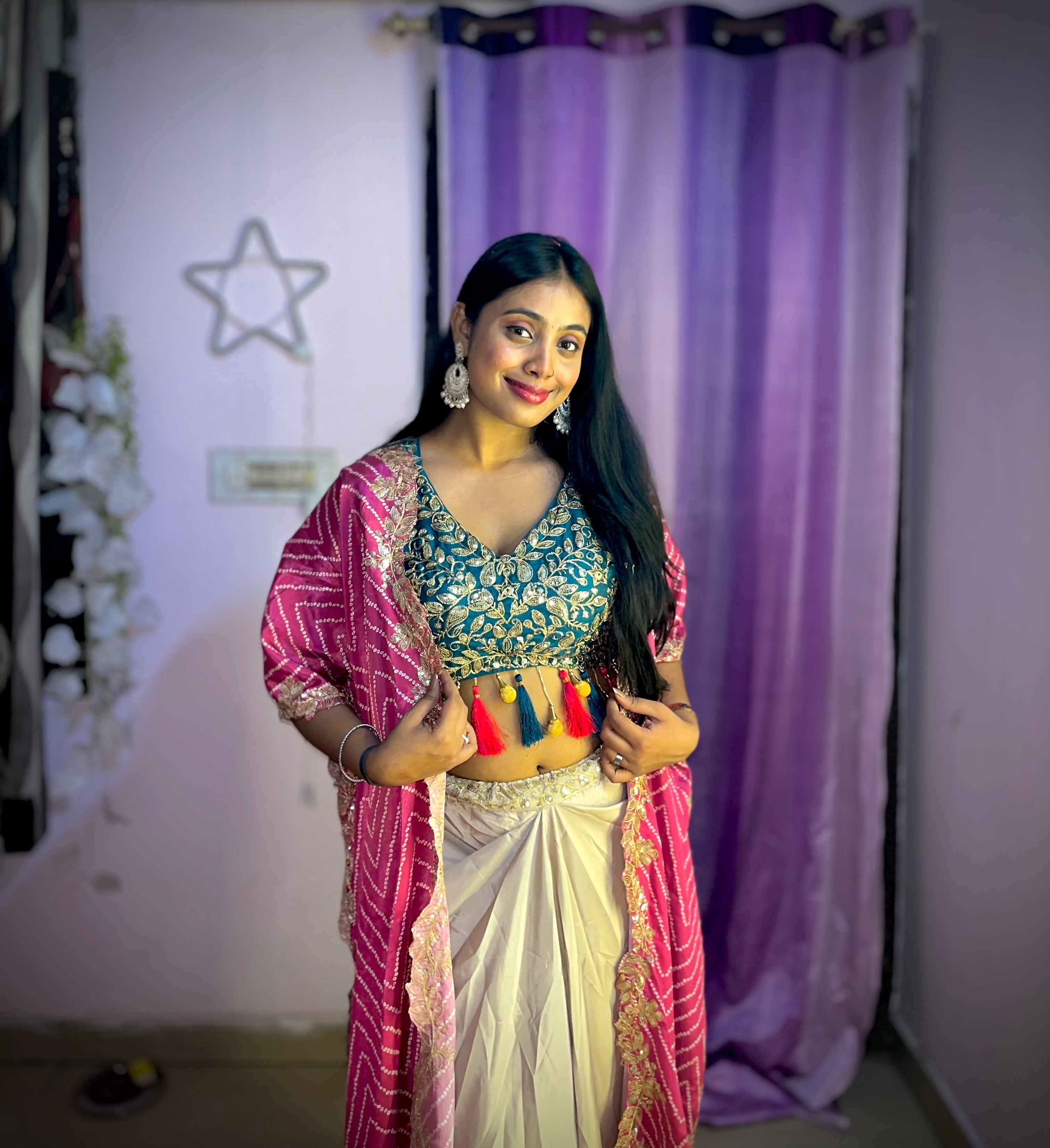 Teal Mirror Work Crop Top with Draped Skirt & Pink Shrug