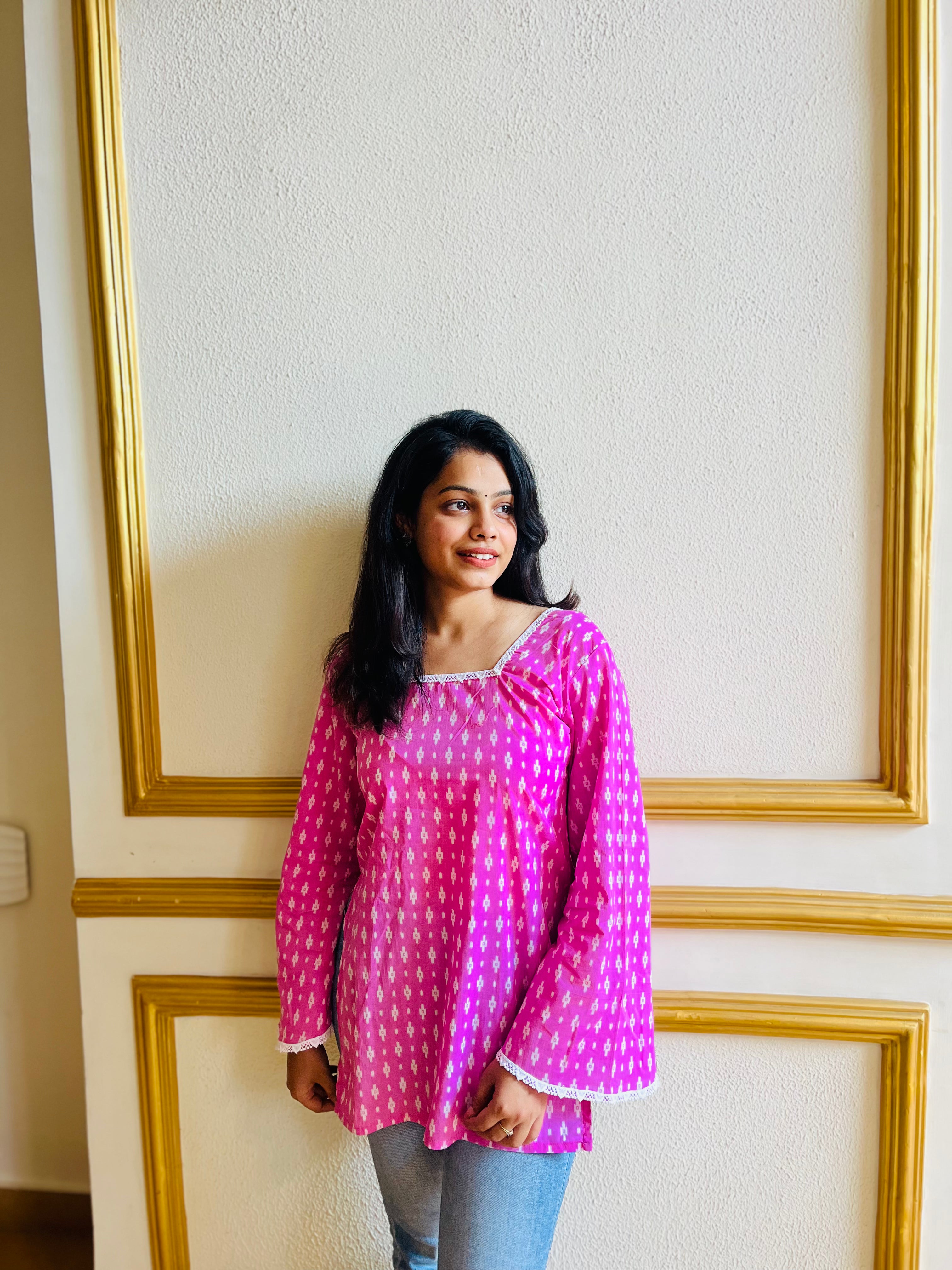 Pink Printed Short Kurti with Bell Sleeves