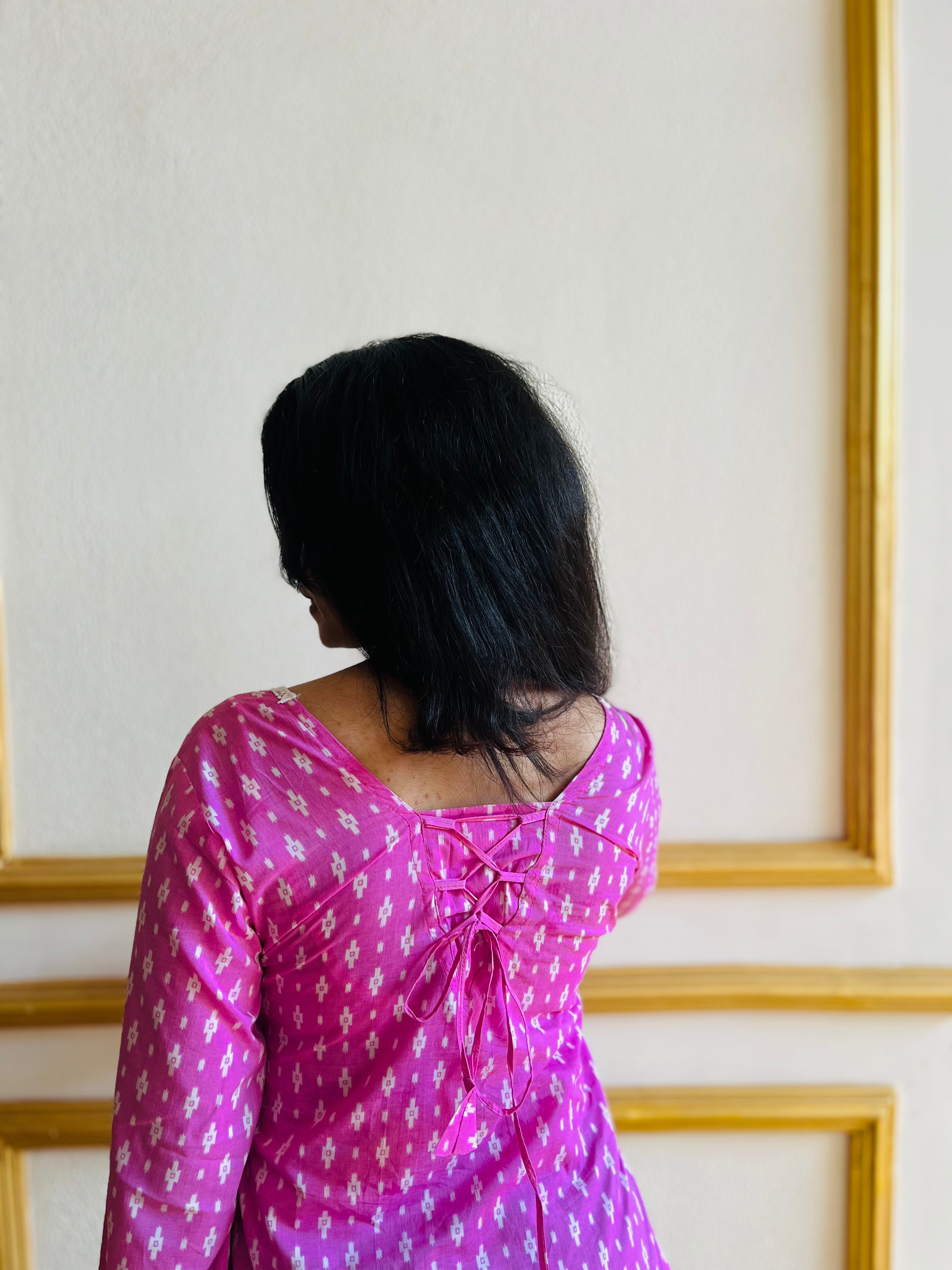 Pink Printed Short Kurti with Bell Sleeves