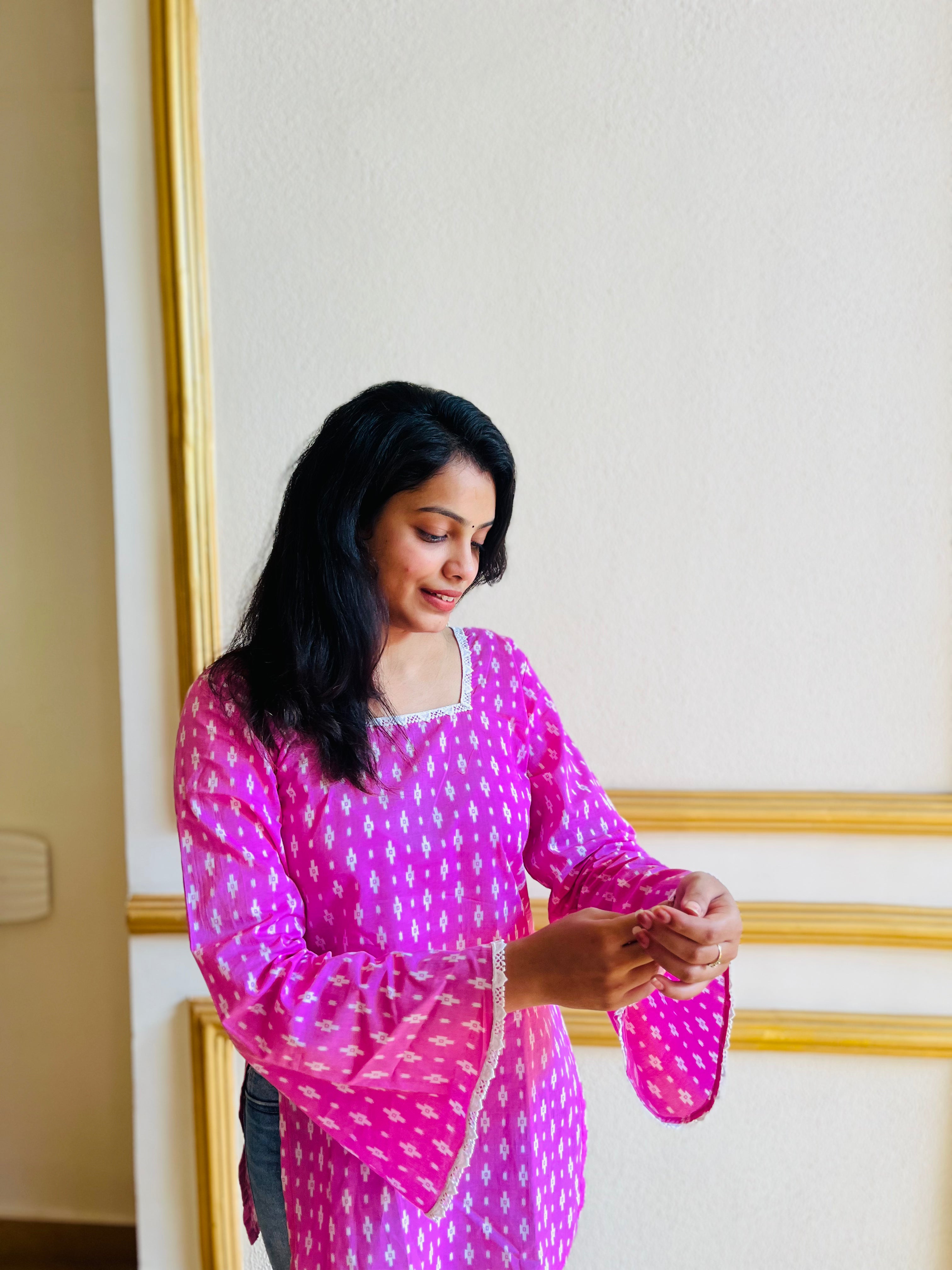 Pink Printed Short Kurti with Bell Sleeves