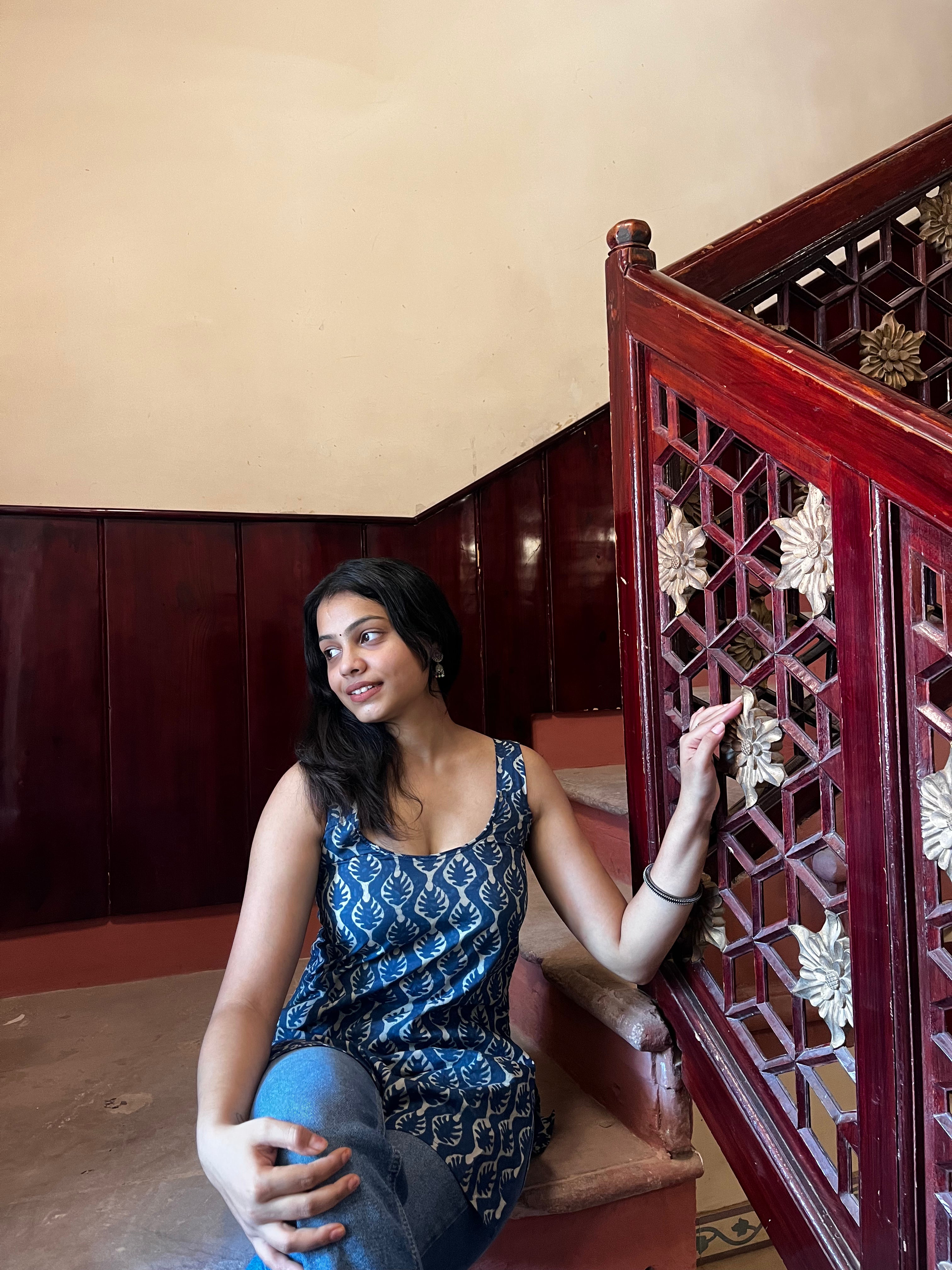 Indigo Handblock Kurti with Shell Back Detailing