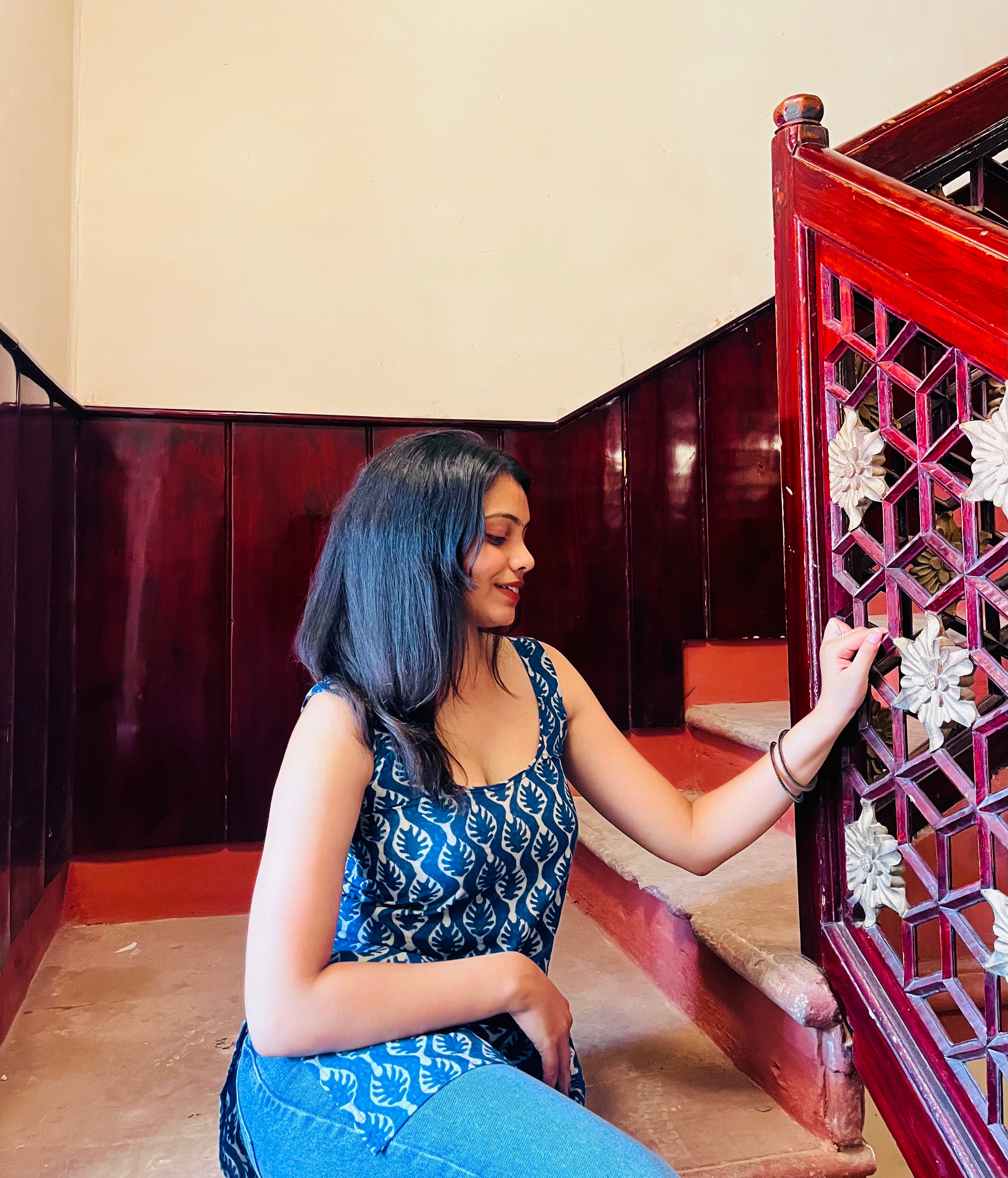 Indigo Handblock Kurti with Shell Back Detailing