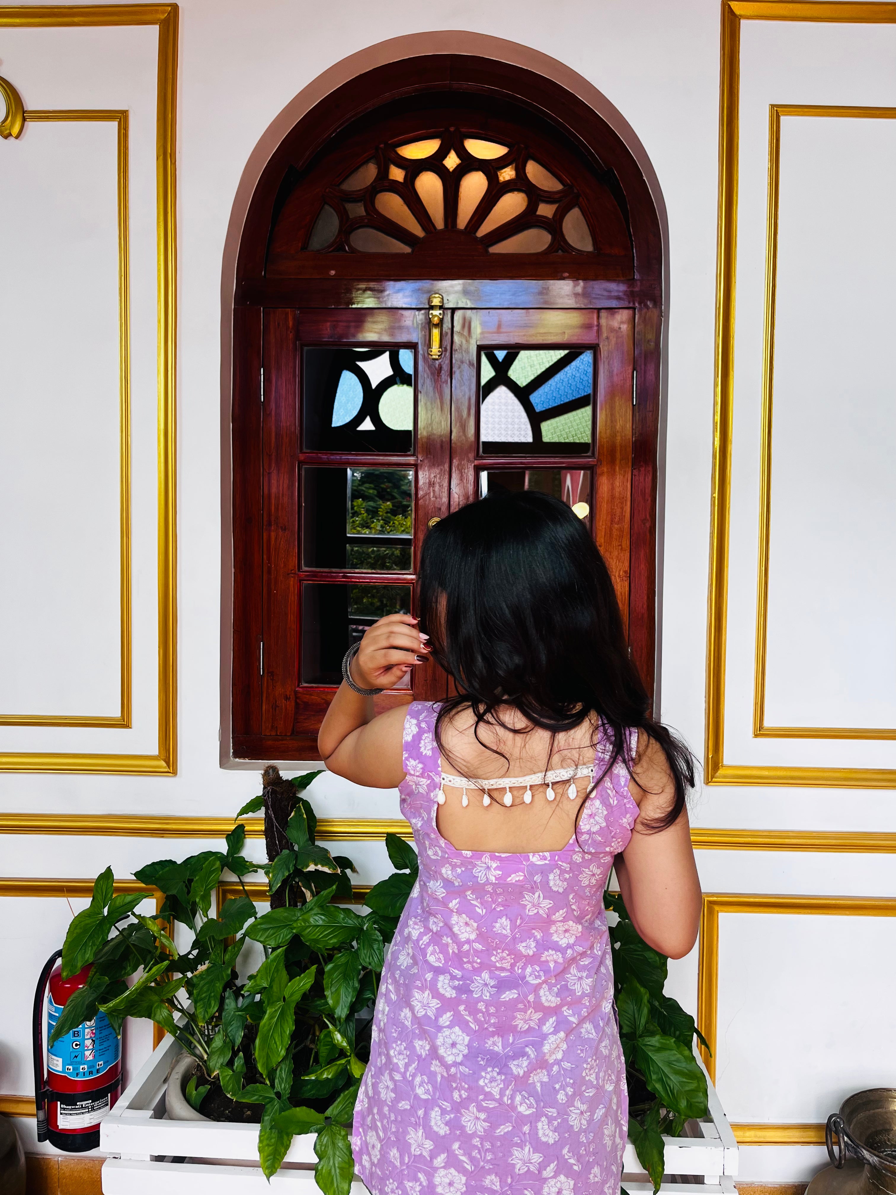 Lavender Floral Sleeveless Kurti with Back Tassel Detailing