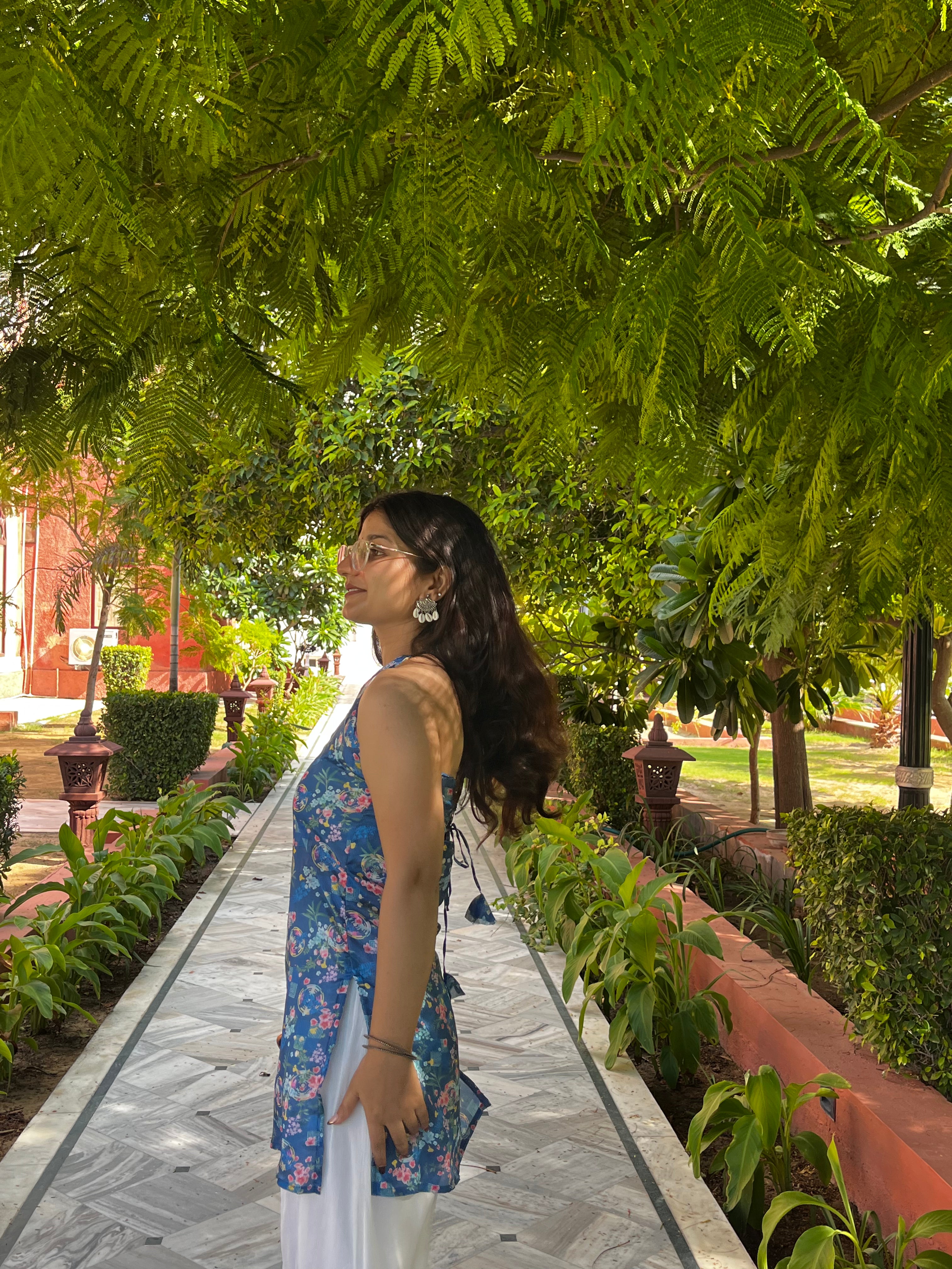 Blue Striped Halter Kurti with Back Tie Detailing
