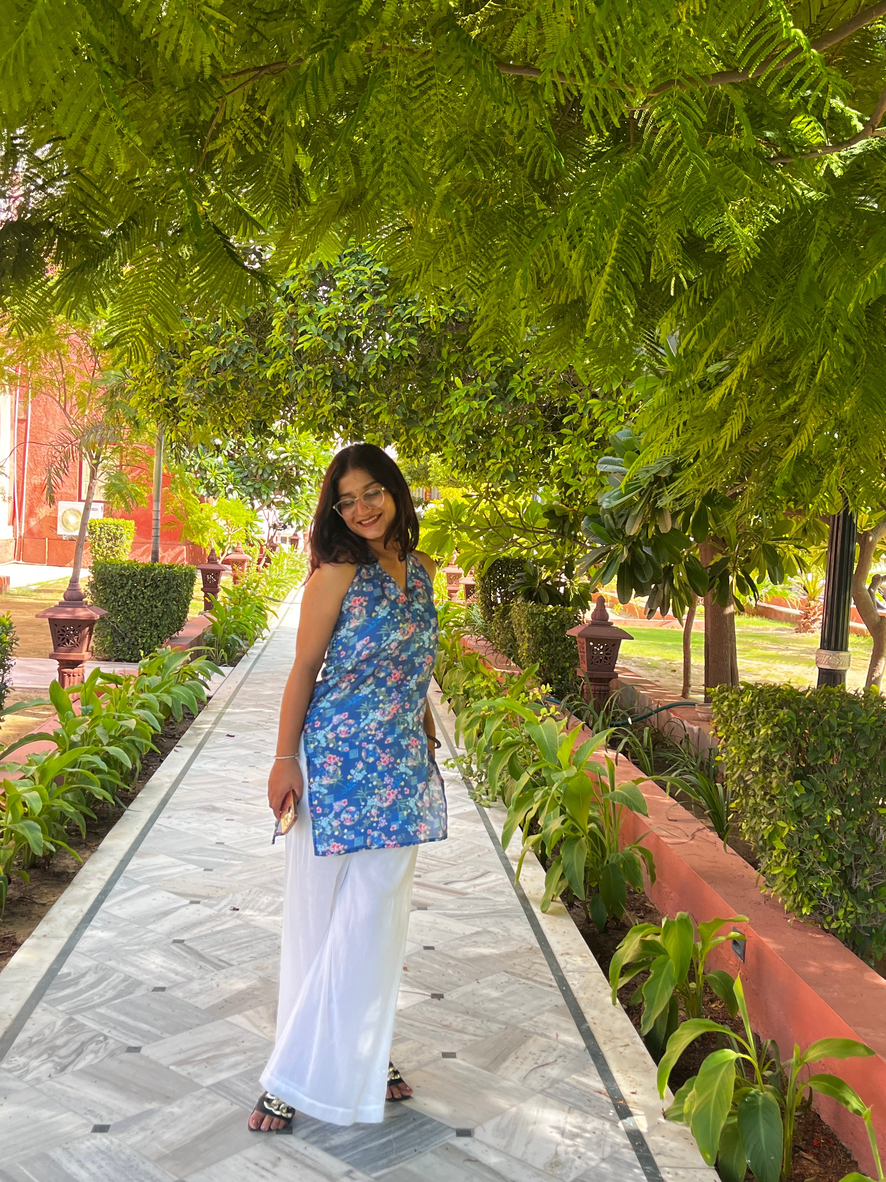 Blue Striped Halter Kurti with Back Tie Detailing