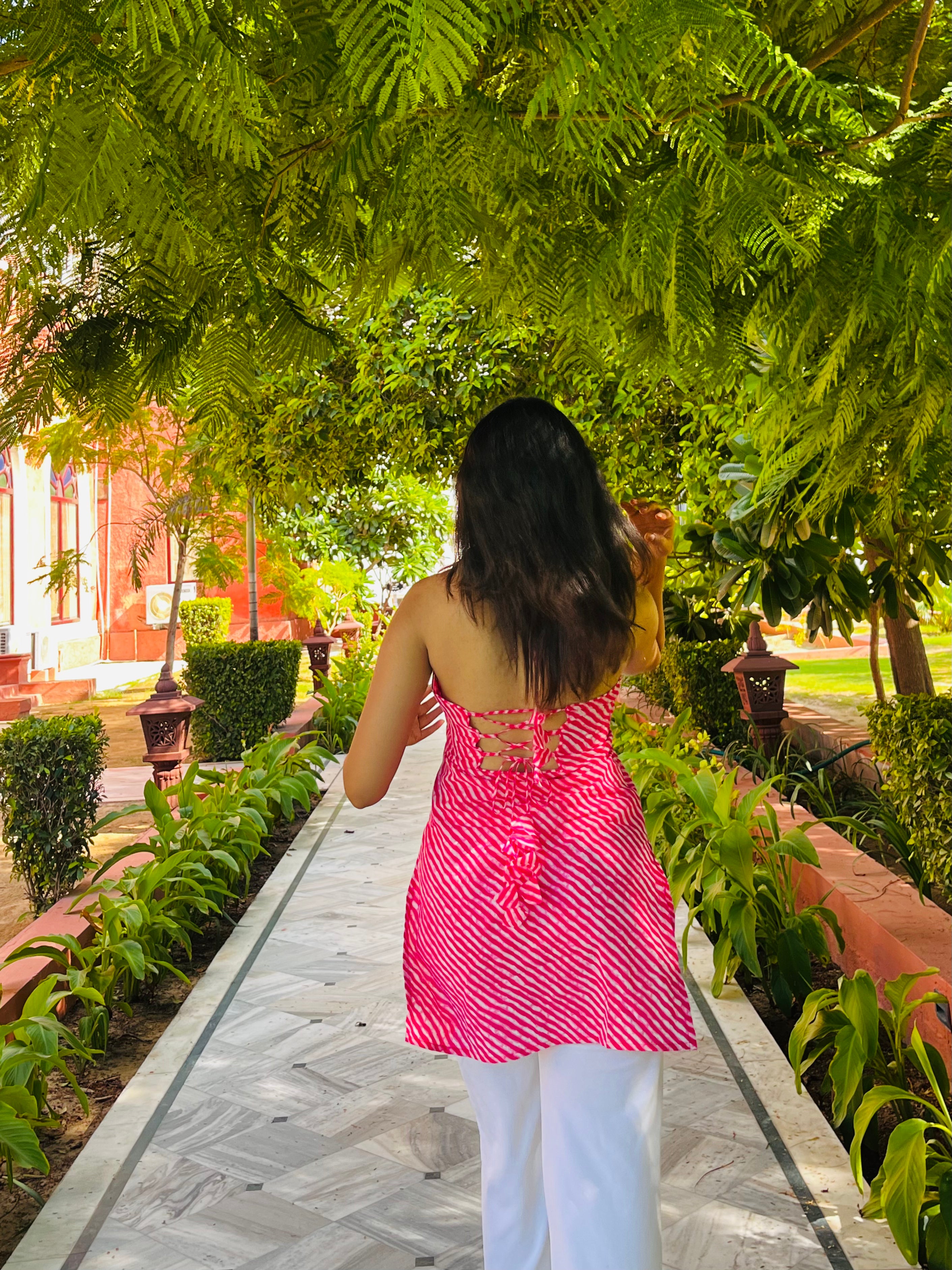 Pink Striped Halter Kurti with Back Tie Detailing