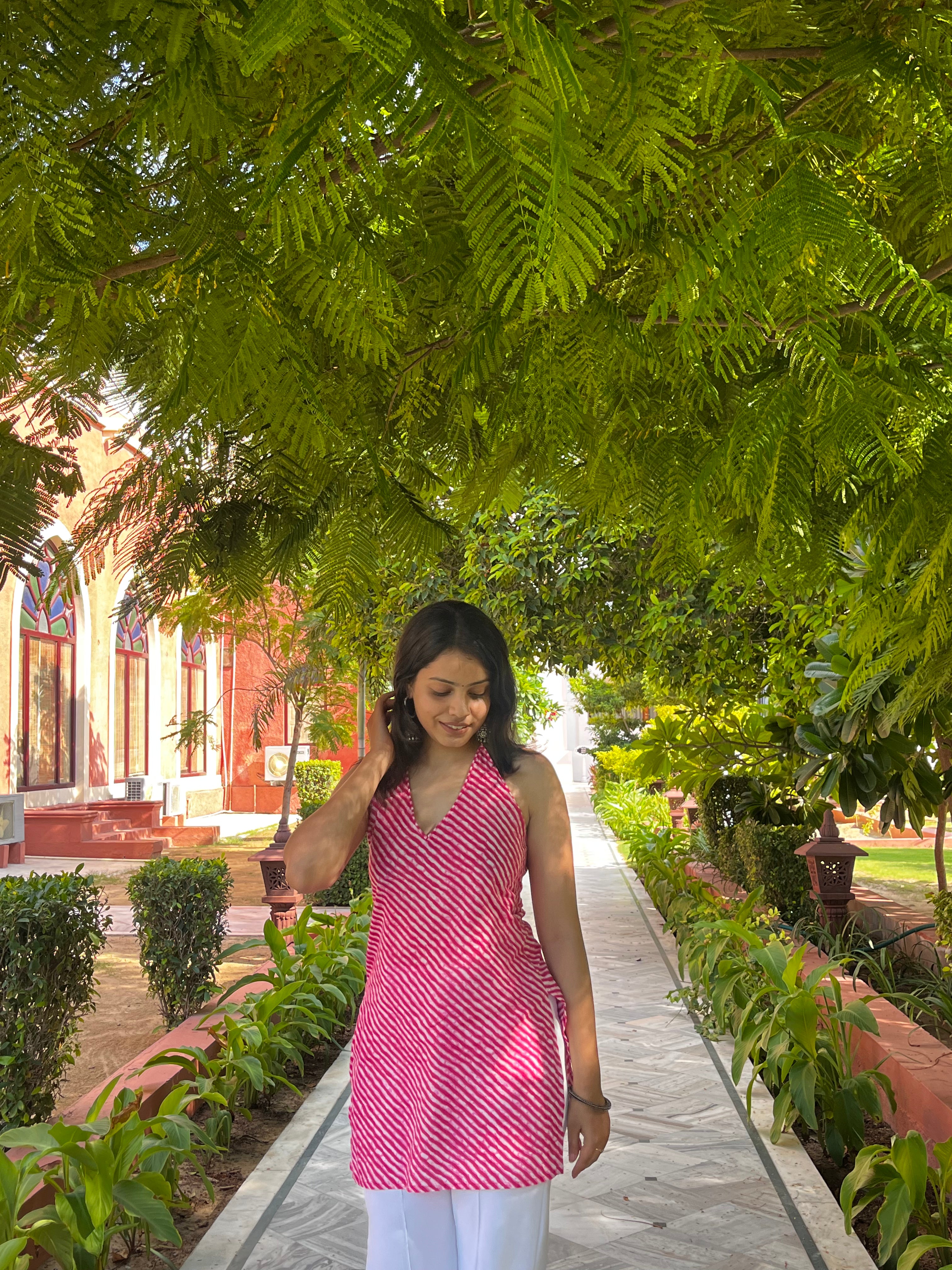 Pink Striped Halter Kurti with Back Tie Detailing