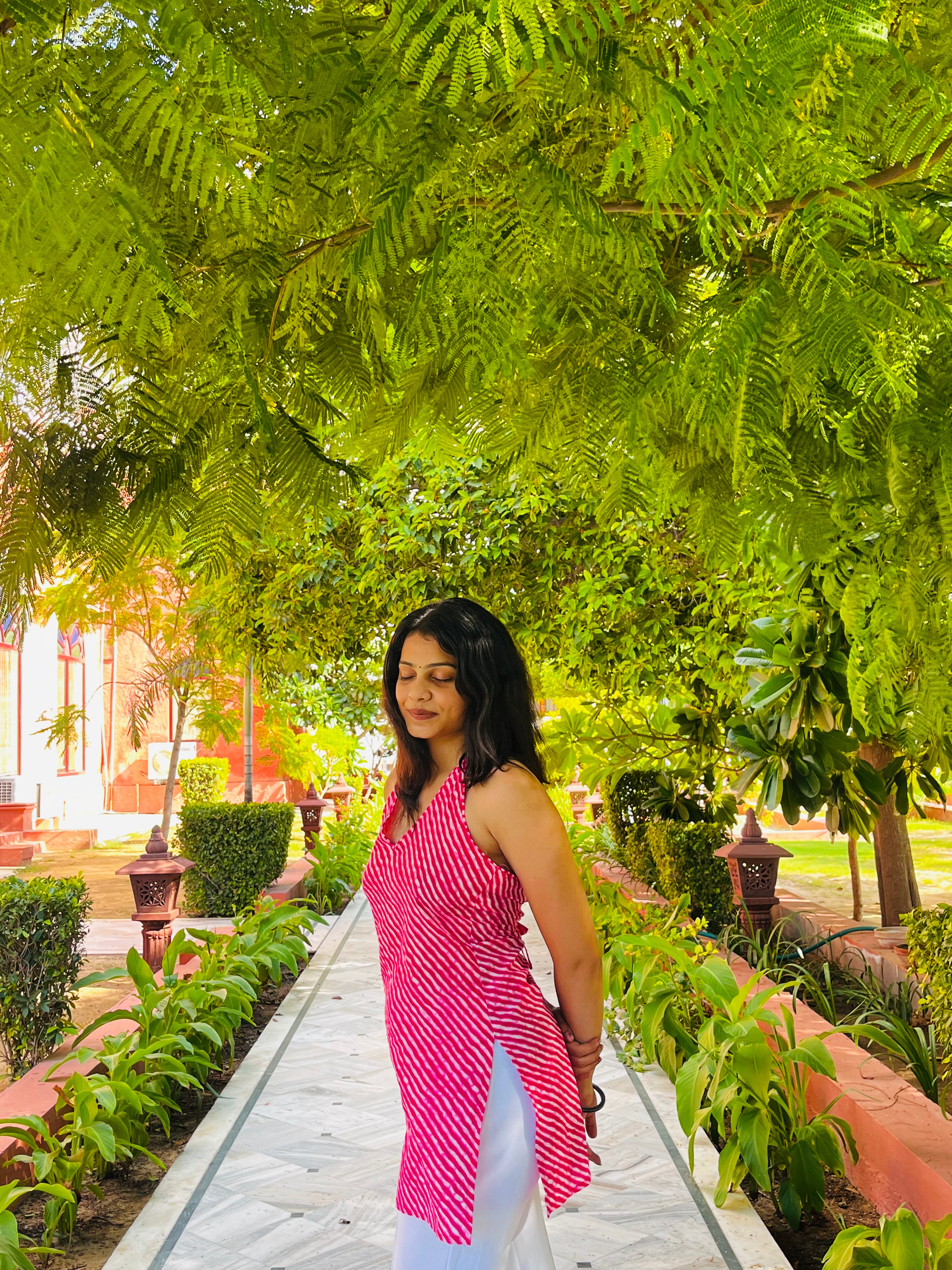 Pink Striped Halter Kurti with Back Tie Detailing