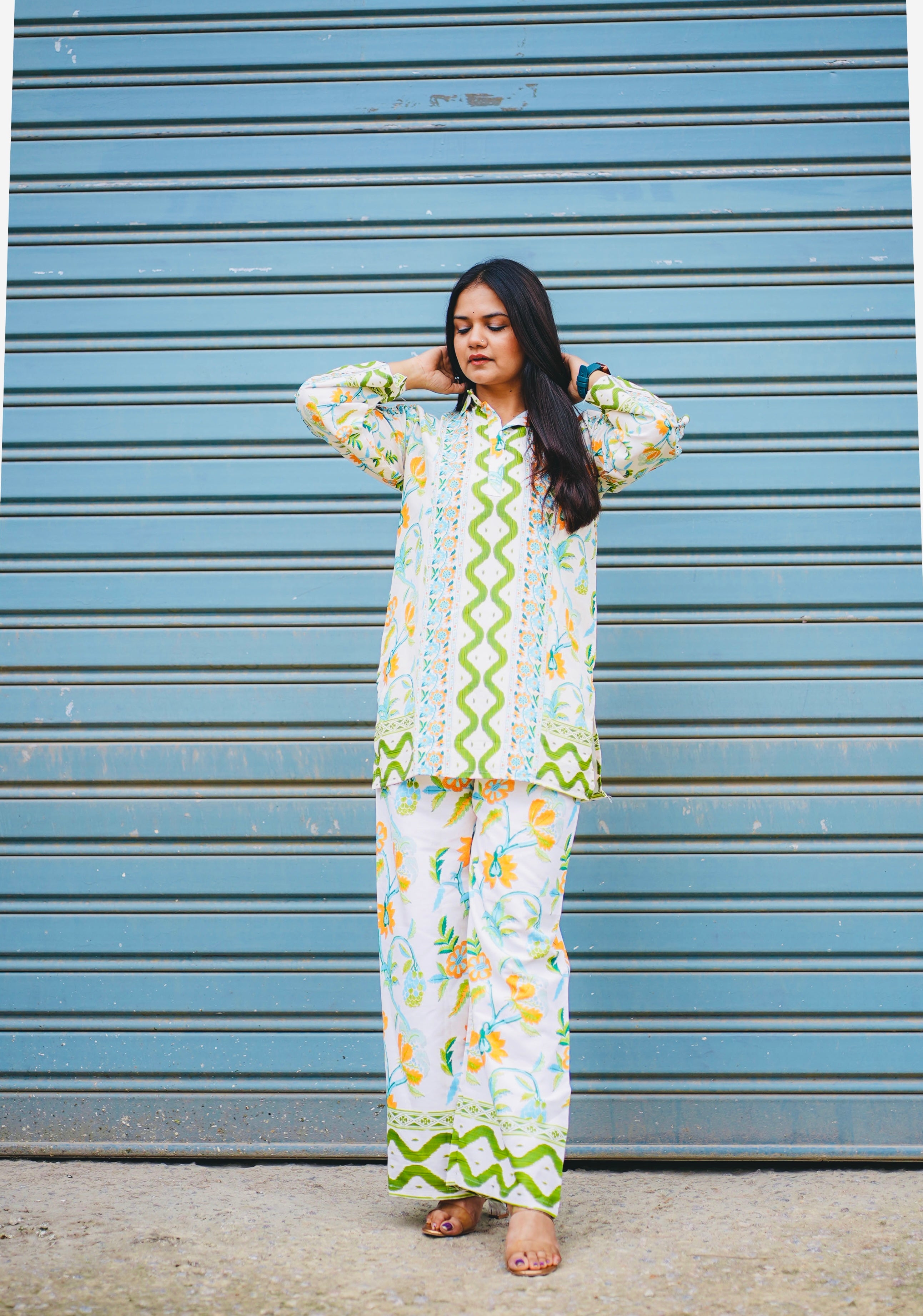 Floral Printed Co-ord Set with Green Detailing