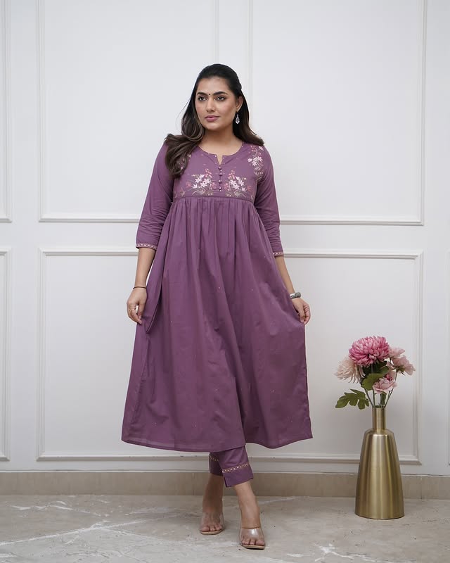 Mauve Embroidered Kurta Set with Tapered Pants
