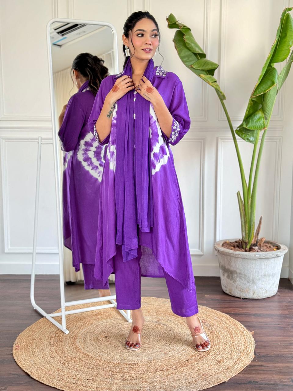 Royal Purple Tie-Dye Cape Set with Embellished Collar
